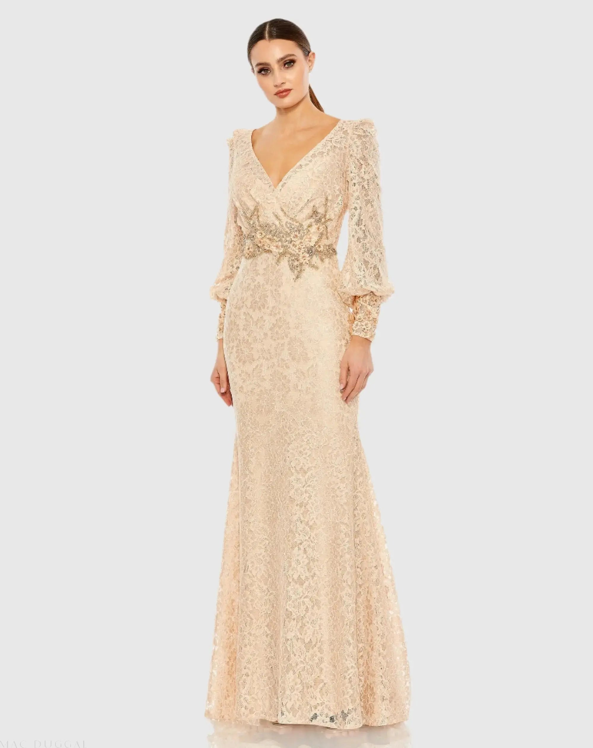  Lace Long Sleeve V Neck Embellished Gown