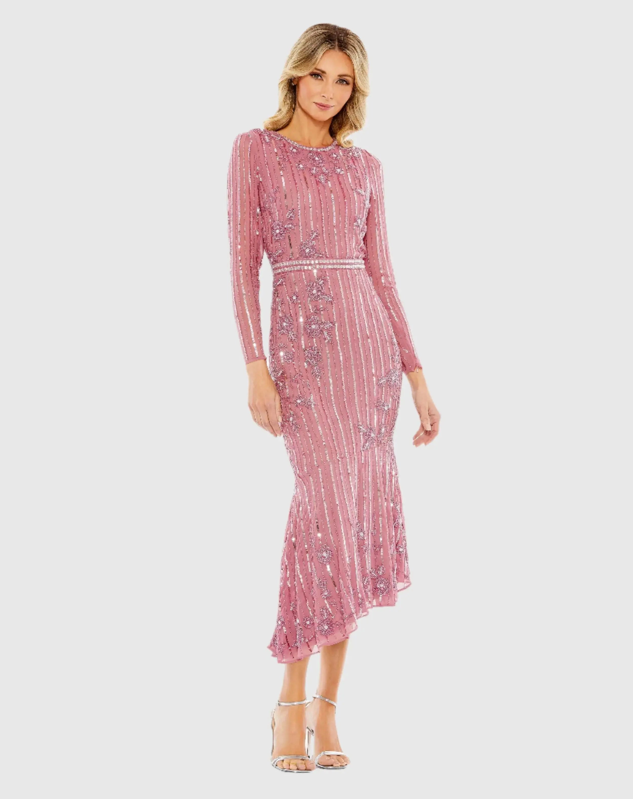 Pink Long Sleeve Embellished Tea Length Dress - Mac Duggal