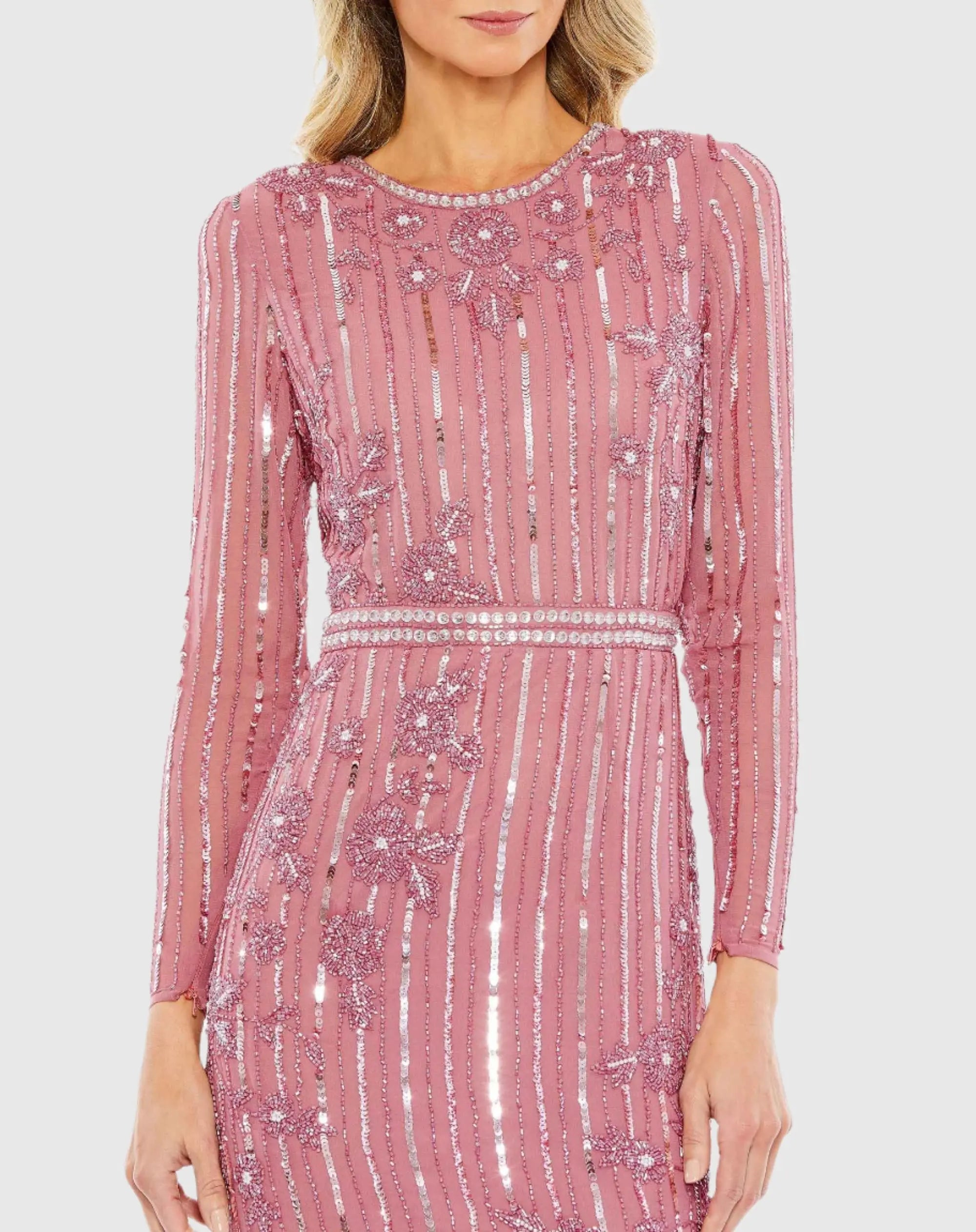 Pink Long Sleeve Embellished Tea Length Dress - Mac Duggal