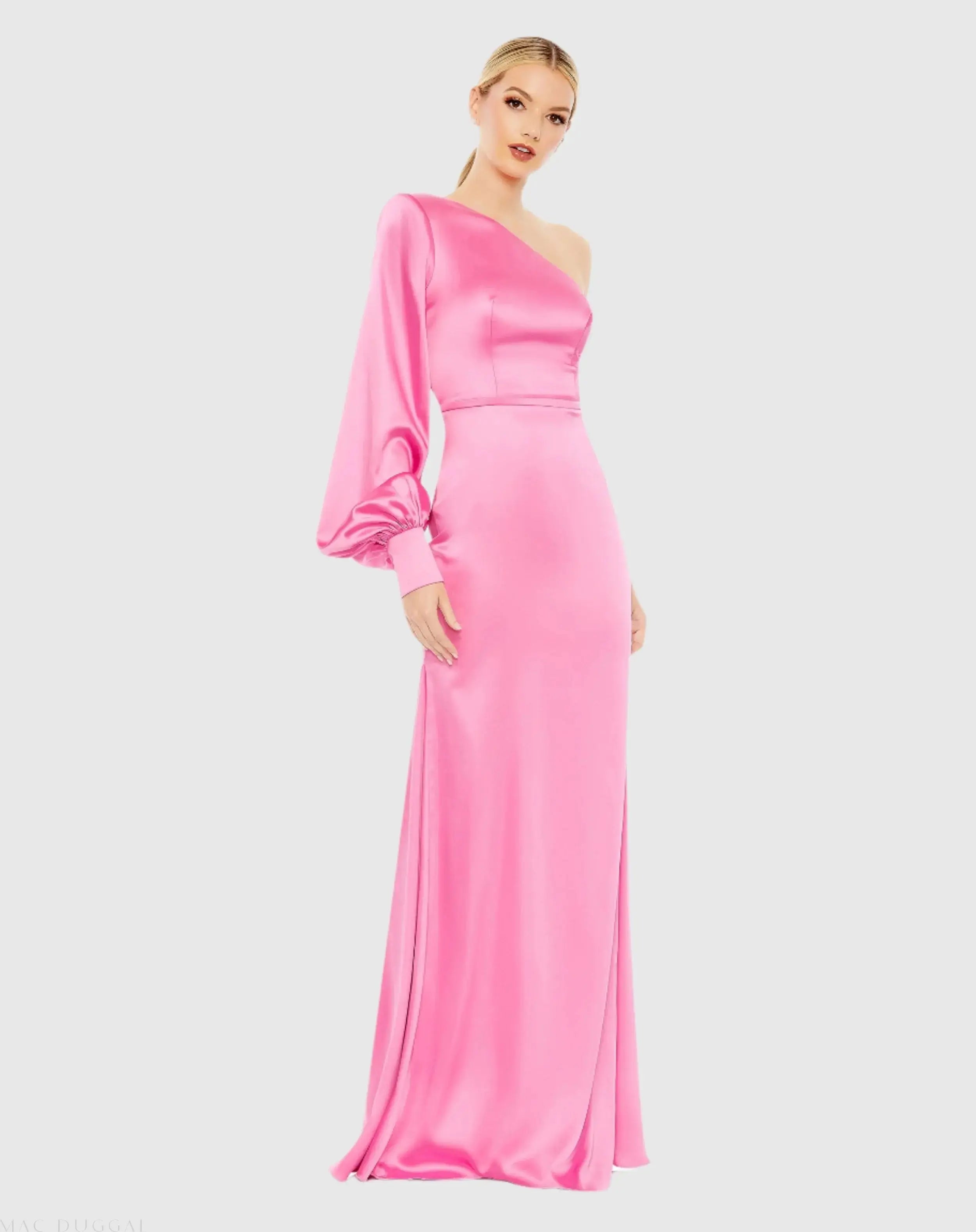 Pink One Shoulder Bishop Sleeve Trumpet Gown - Mac Duggal