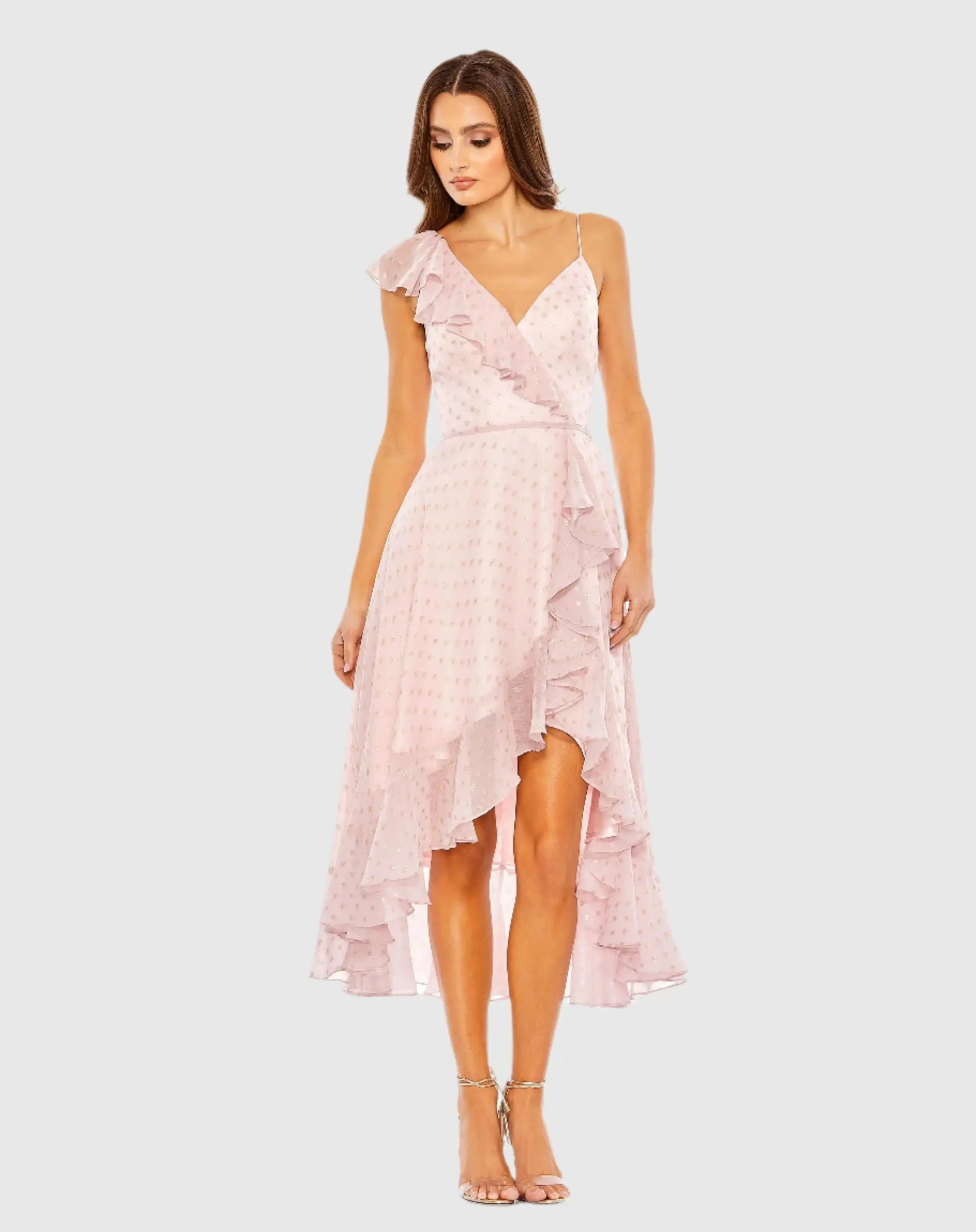 Ruffled Faux Wrap Polka Dot Midi Dress - Mac Duggal Ruffled Faux Wrap Polka Dot Midi Dress - Mac Duggal