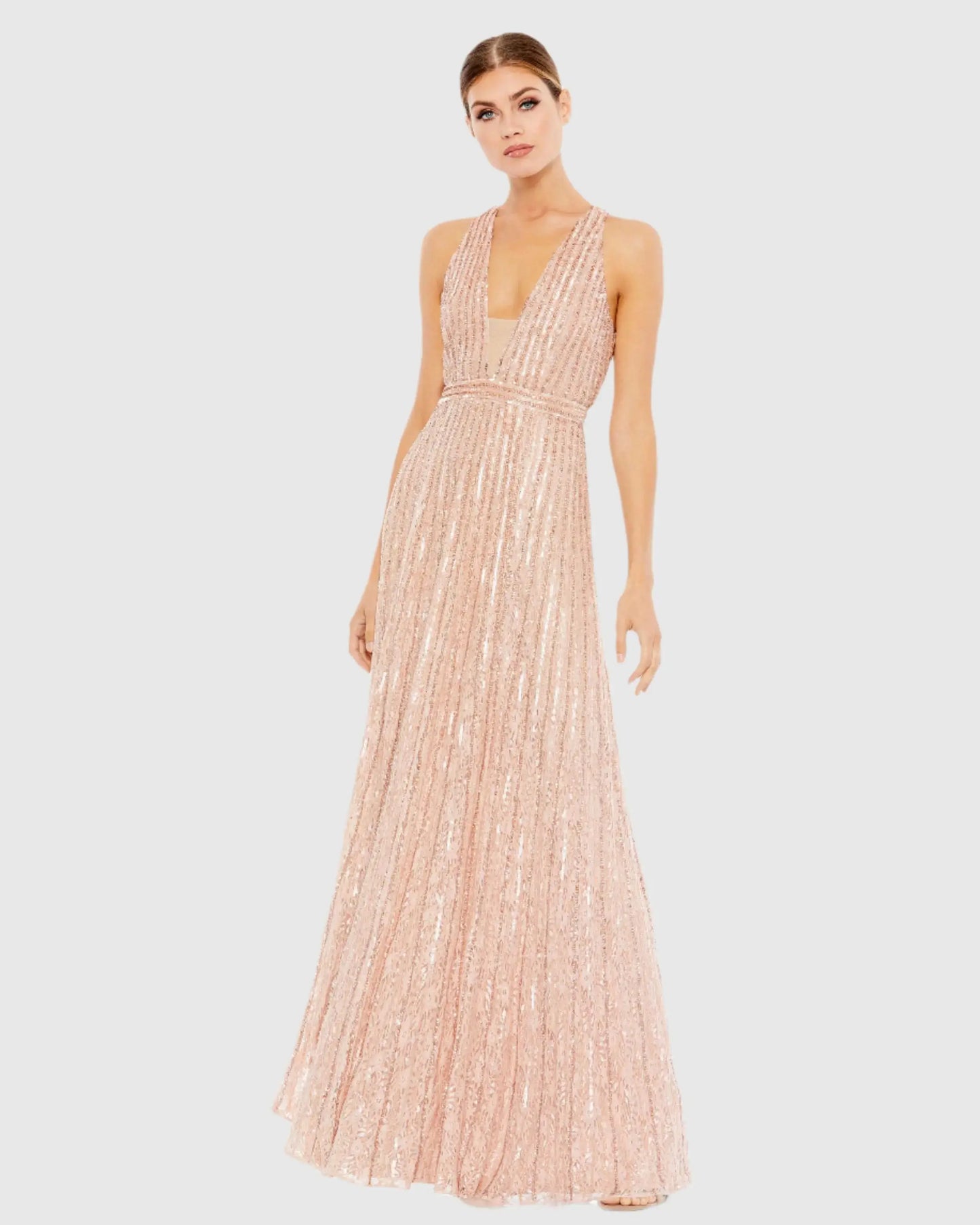 Pink Sequined Sleeveless Plunge Neck Flowy Gown