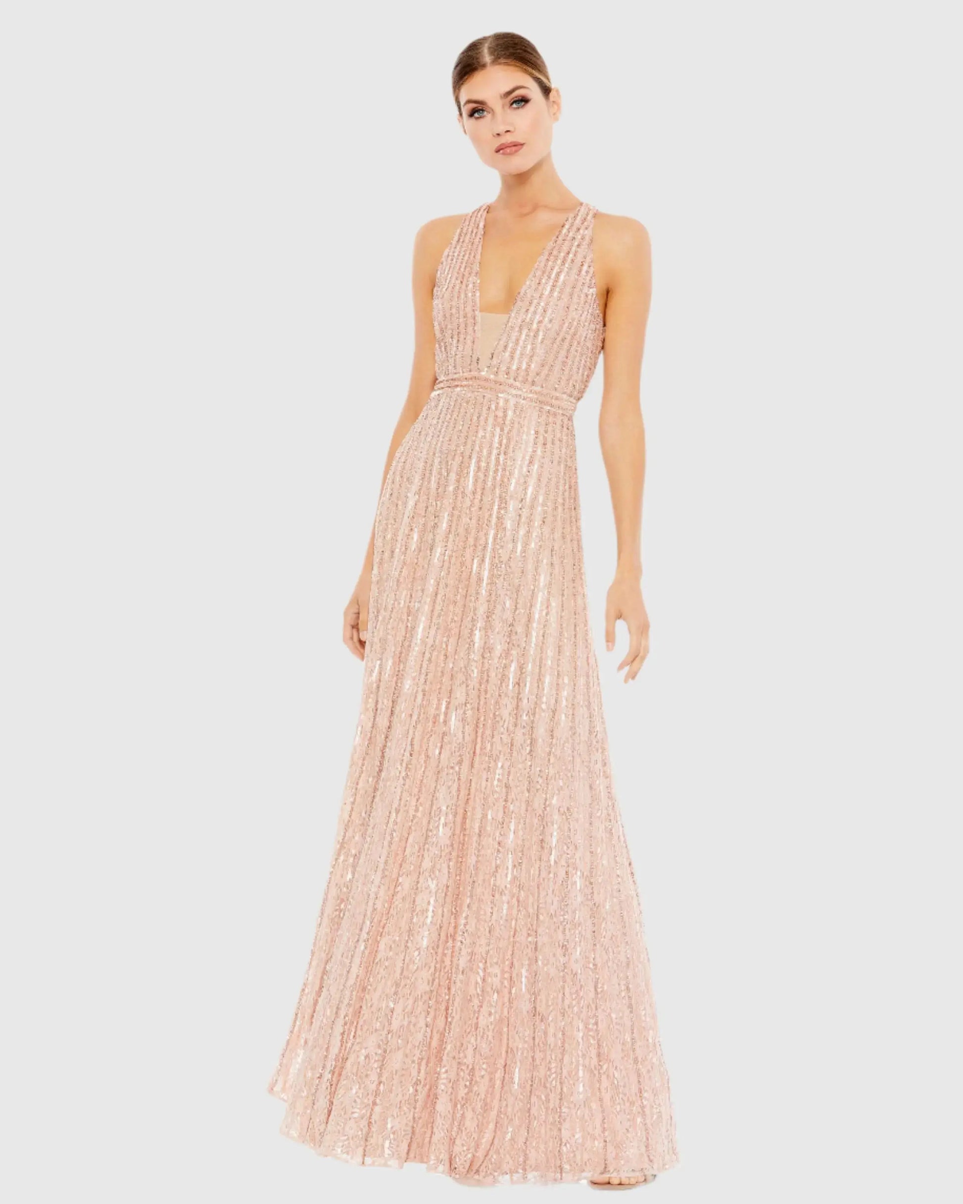Pink Sequined Sleeveless Plunge Neck Flowy Gown