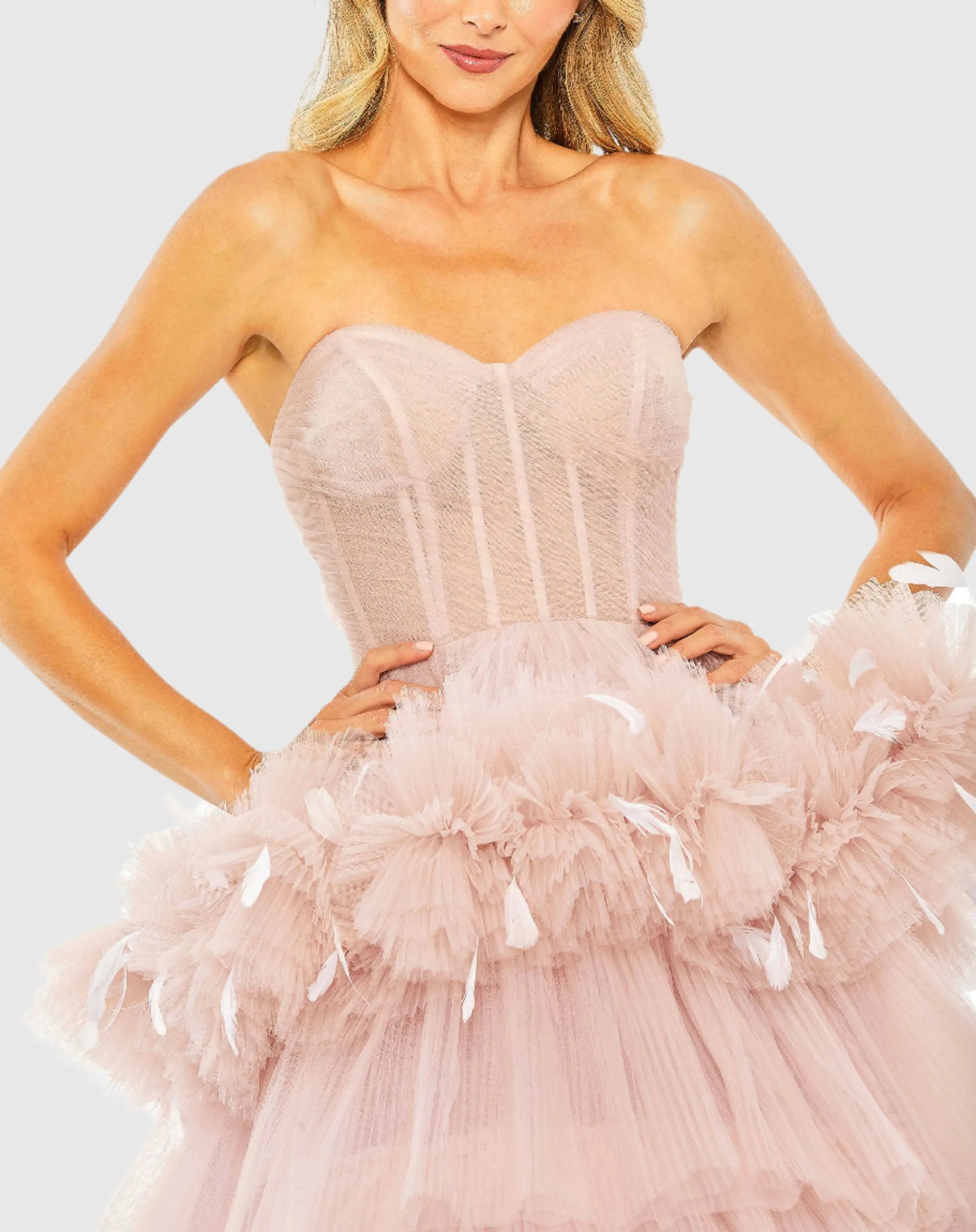 Pink Strapless Tulle Gown with Feather Detail - Mac Duggal