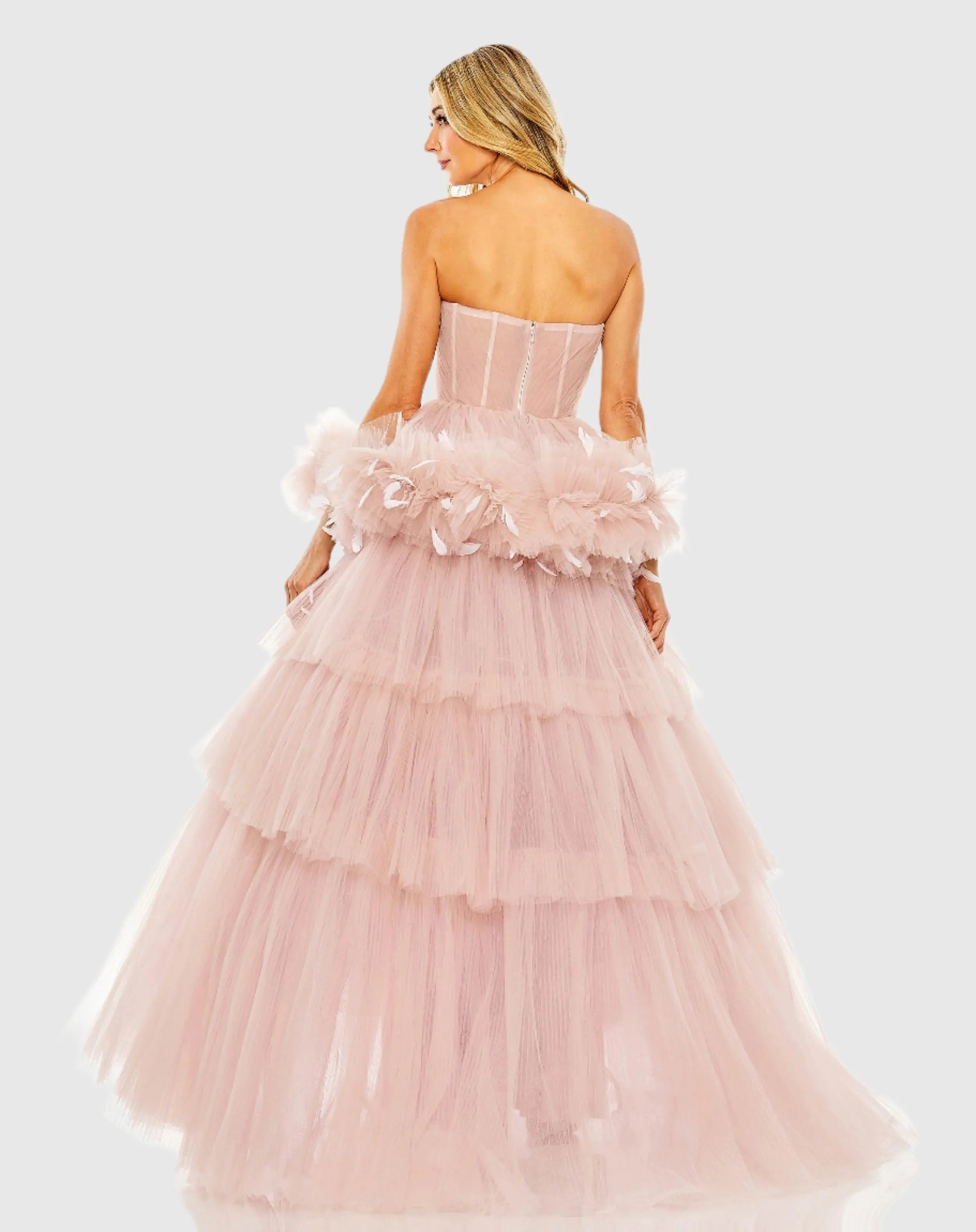 Pink Strapless Tulle Gown with Feather Detail - Mac Duggal