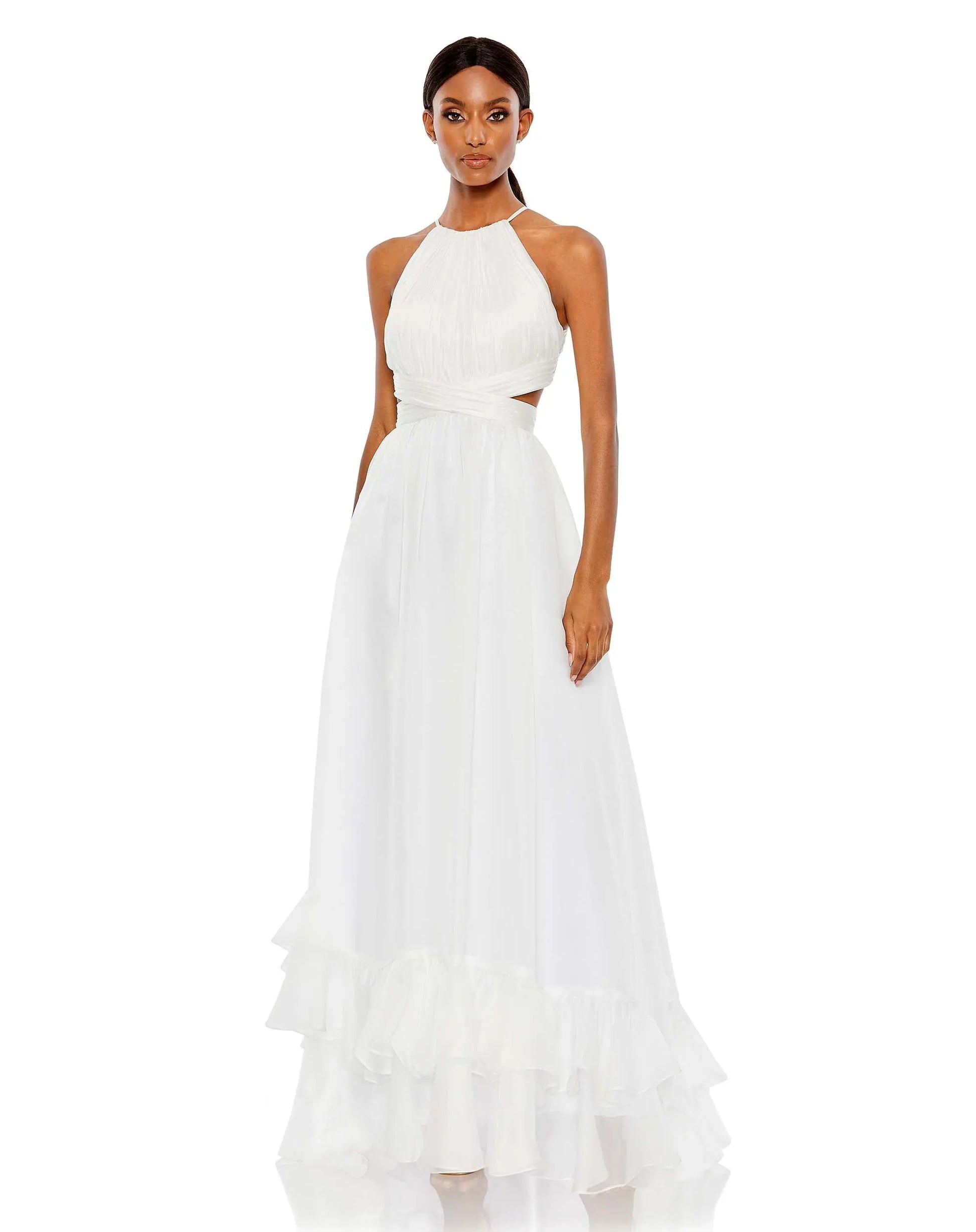 Mac Duggal Pleated Criss Cross Cut-Out Halter Neck Gown - White Mac Duggal Pleated Criss Cross Cut-Out Halter Neck Gown - White