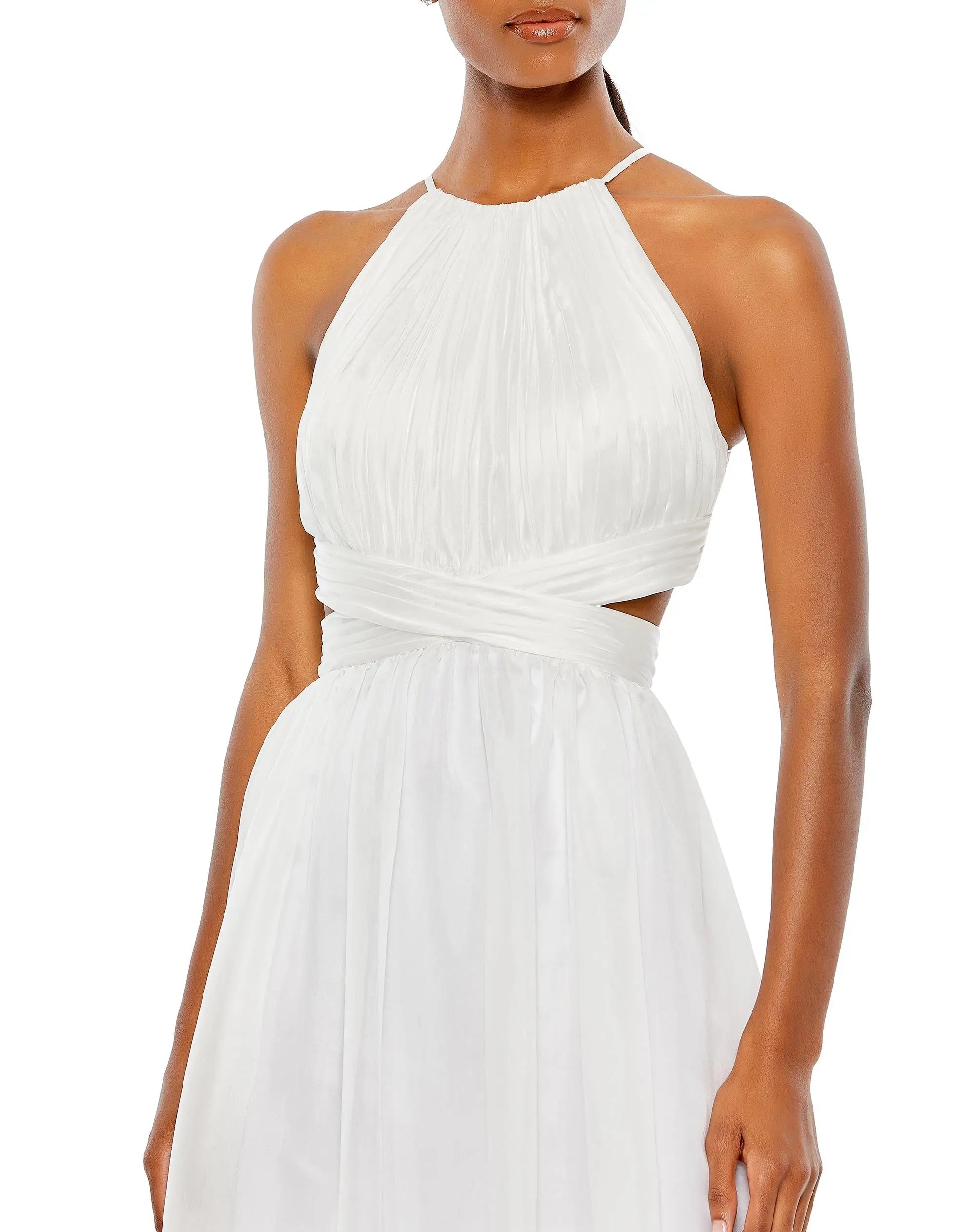 White Pleated Criss Cross Cut-Out Halter Neck Gown | Mac Duggal White Pleated Criss Cross Cut-Out Halter Neck Gown | Mac Duggal