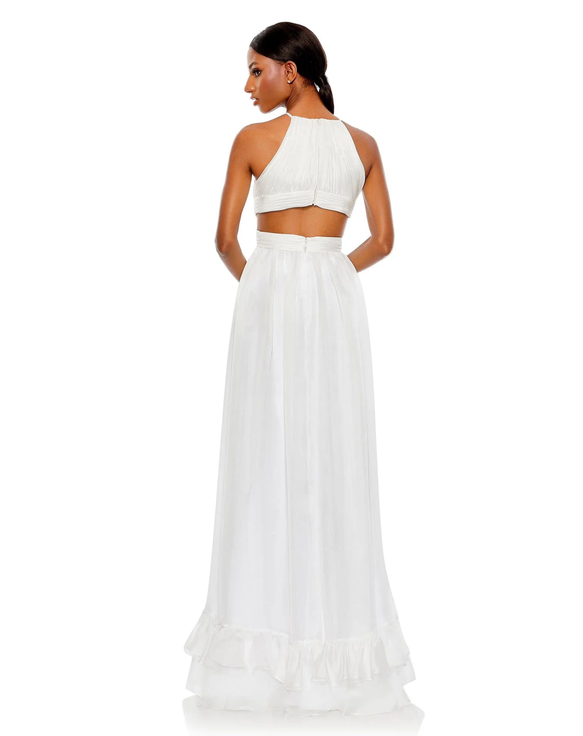 White Pleated Criss Cross Cut-Out Halter Neck Gown | Mac Duggal White Pleated Criss Cross Cut-Out Halter Neck Gown | Mac Duggal