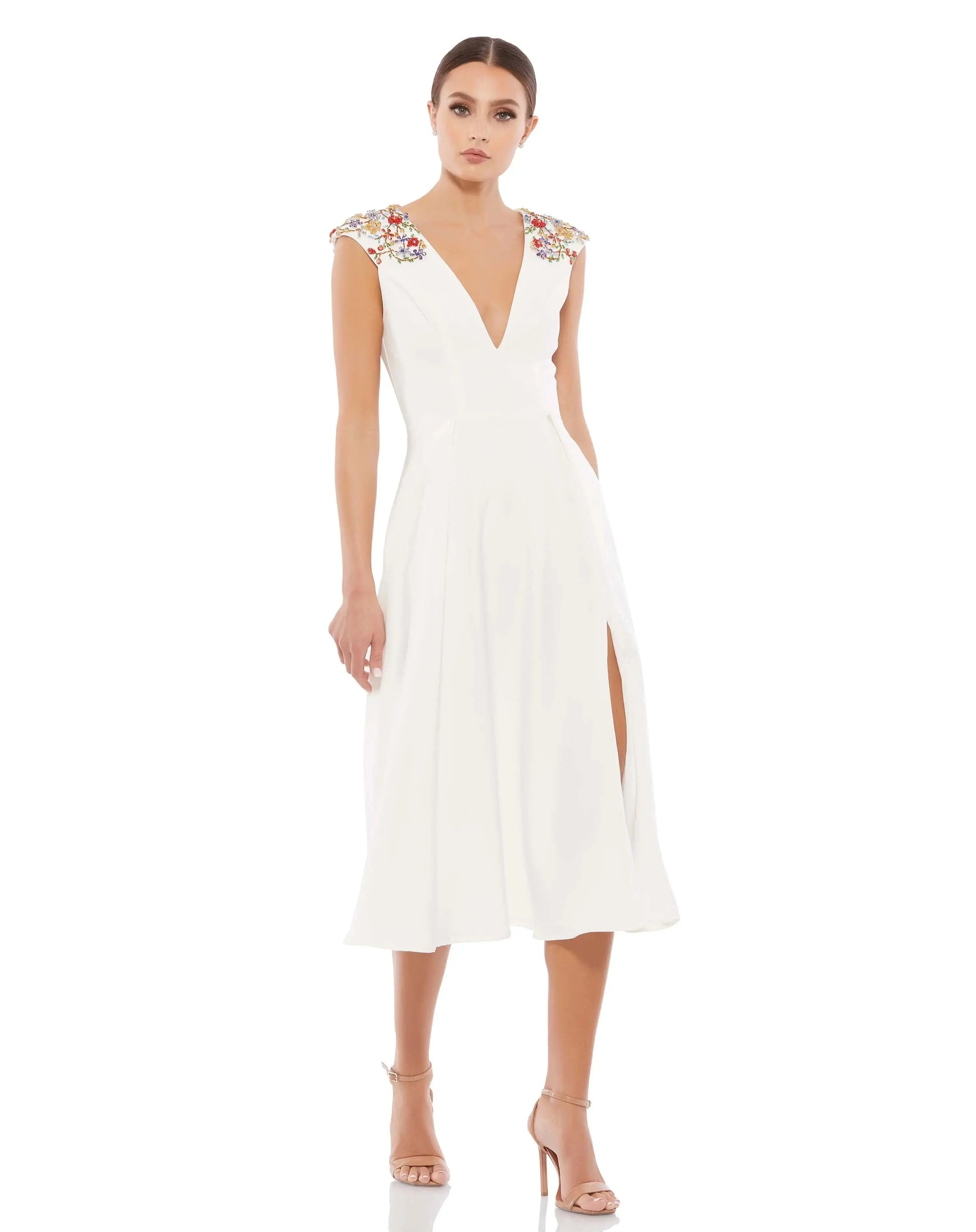 Beaded Cap Sleeve A Line Midi Dress - Mac Duggal Beaded Cap Sleeve A Line Midi Dress - Mac Duggal