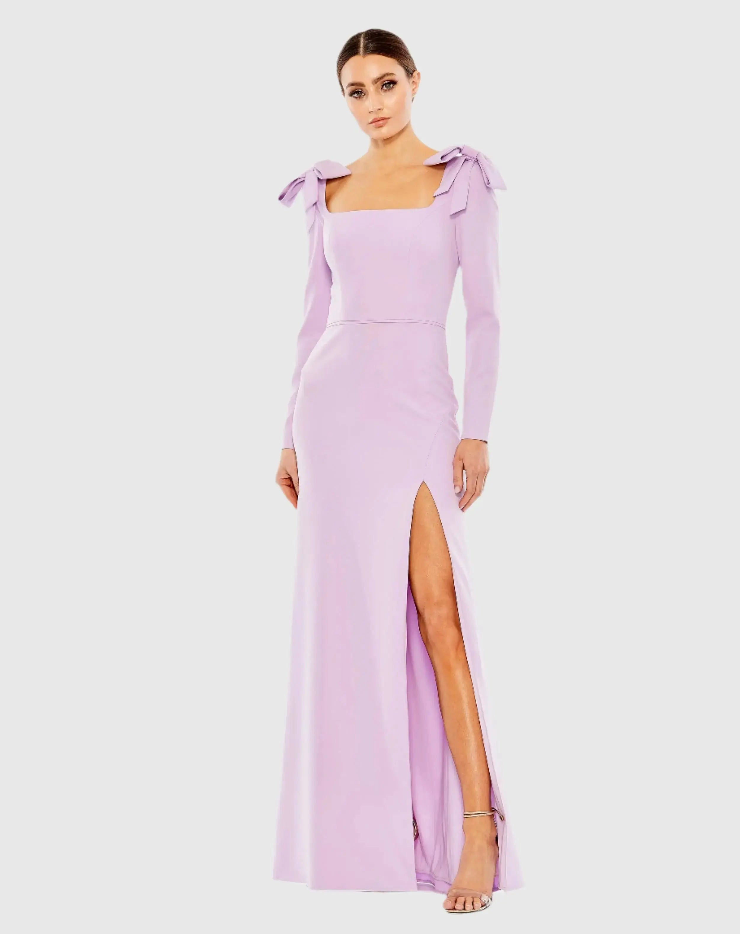 Purple Empire Waist Long Sleeve Bow Shoulder Gown