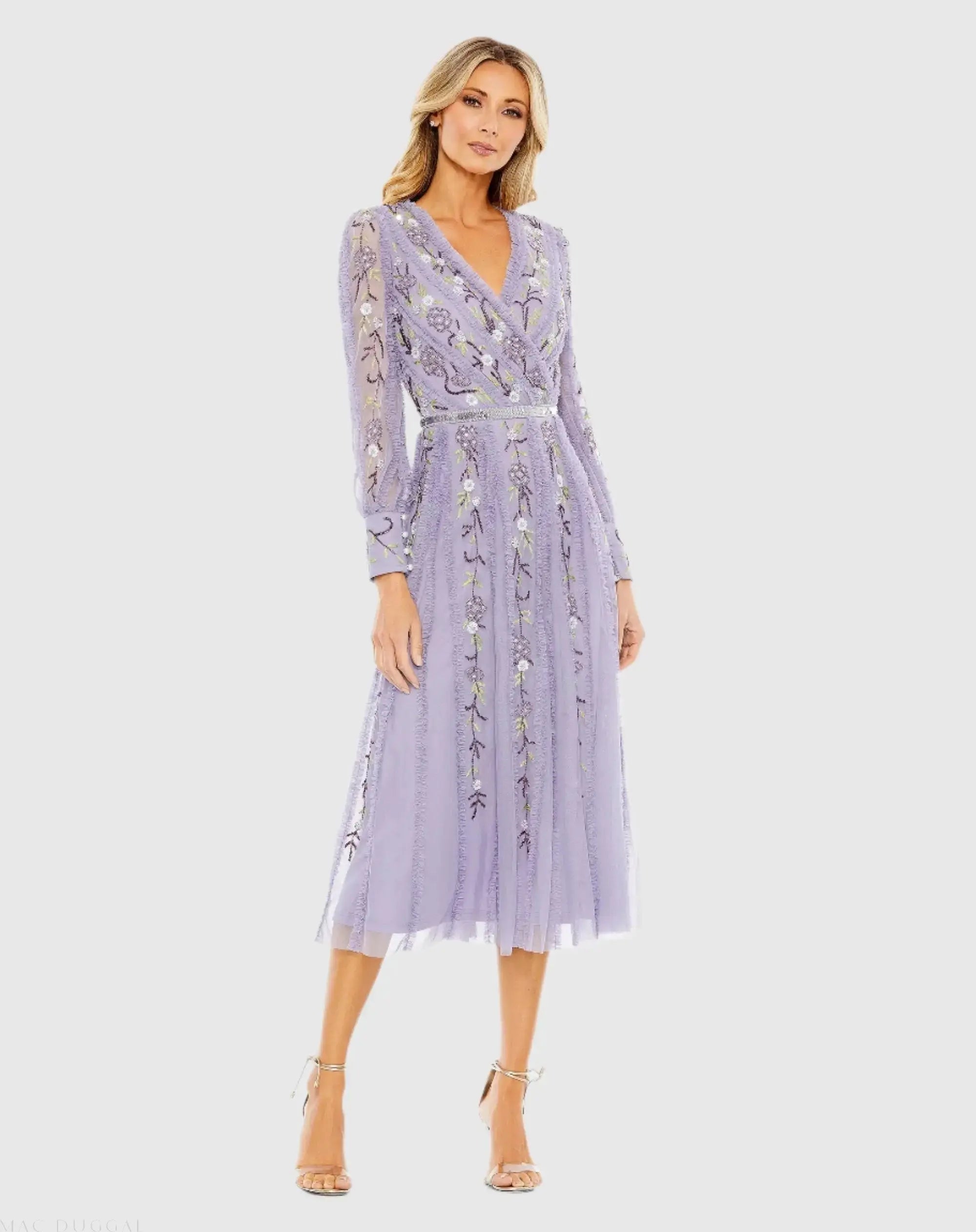 Purple Long Sleeve Embroidered Wrap Midi Dress - Mac Duggal