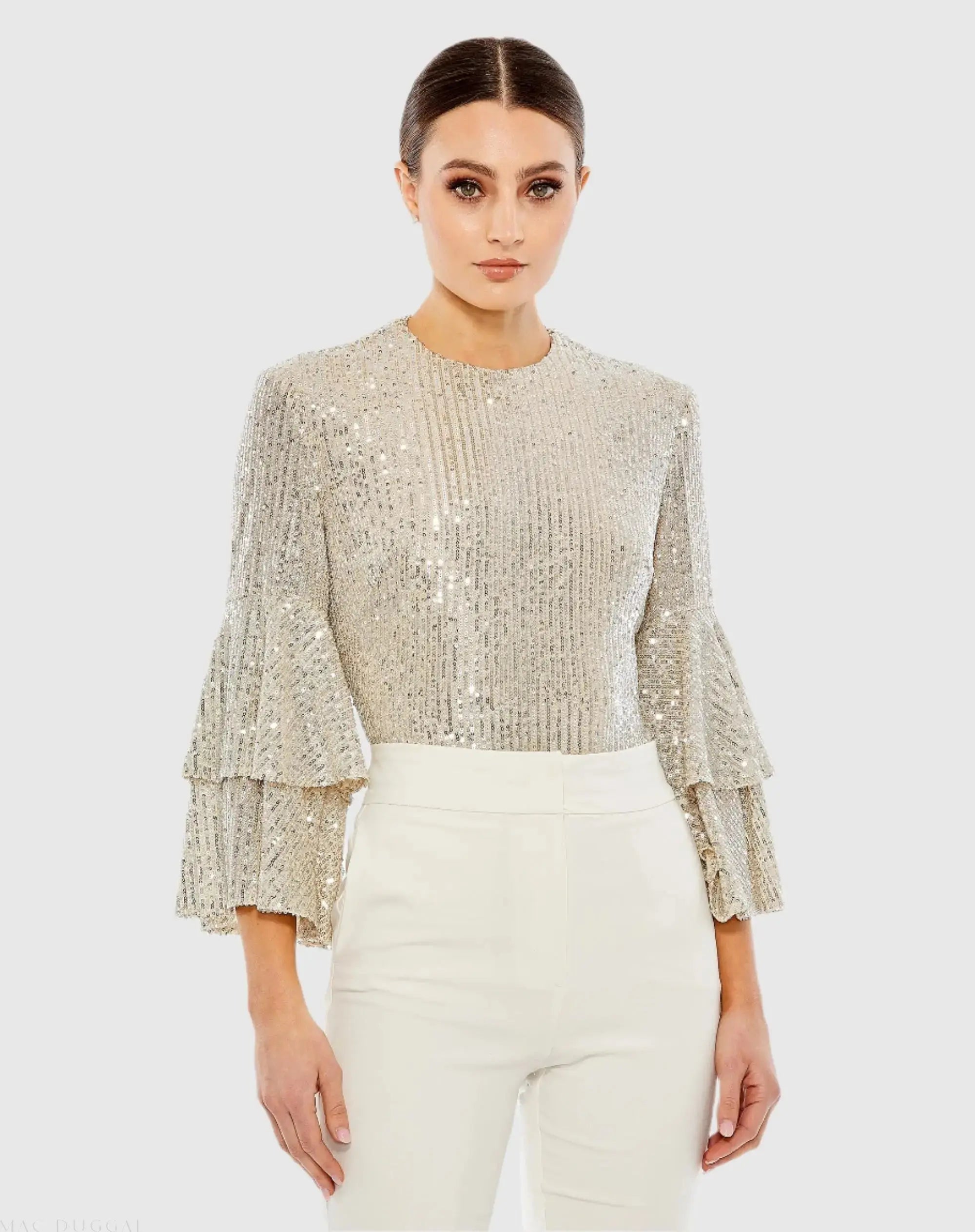 Silver Ruffle 3/4 Sleeve Sequin Bodysuit - FINAL SALE - Mac Duggal