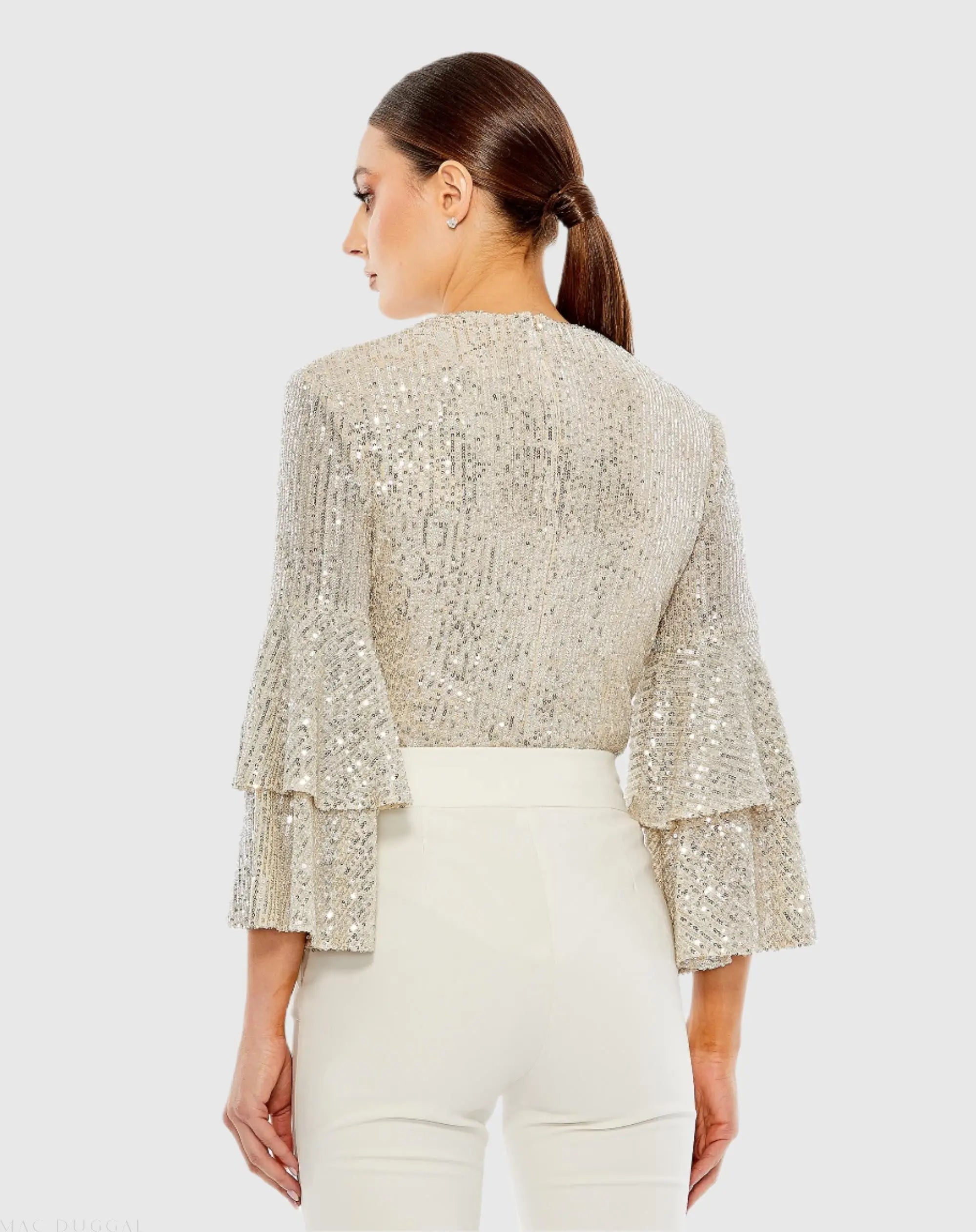Silver Ruffle 3/4 Sleeve Sequin Bodysuit - FINAL SALE - Mac Duggal