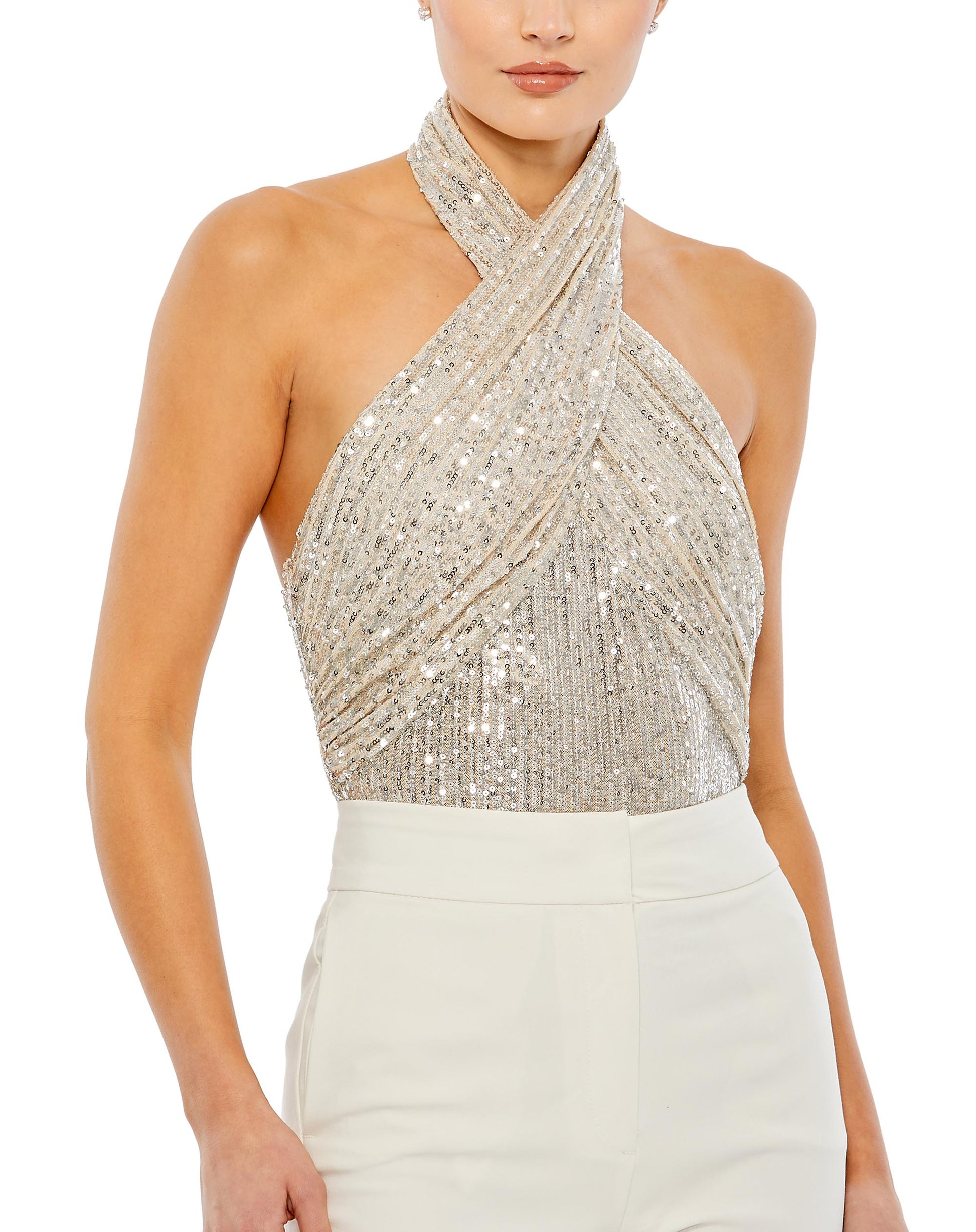 Sequin Low Back Cross-Neck Bodysuit