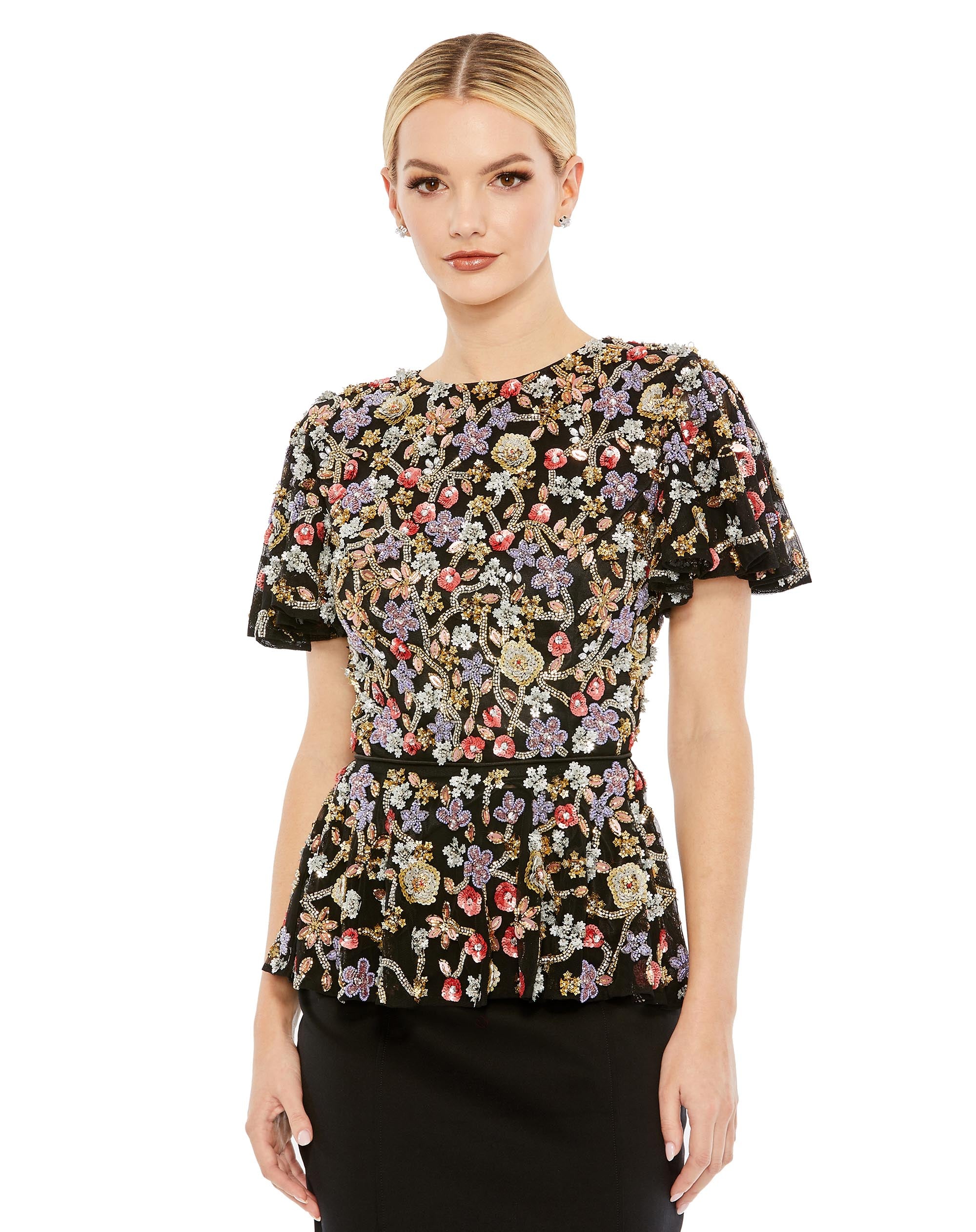 floral sequined embellished black short sleeve blouse