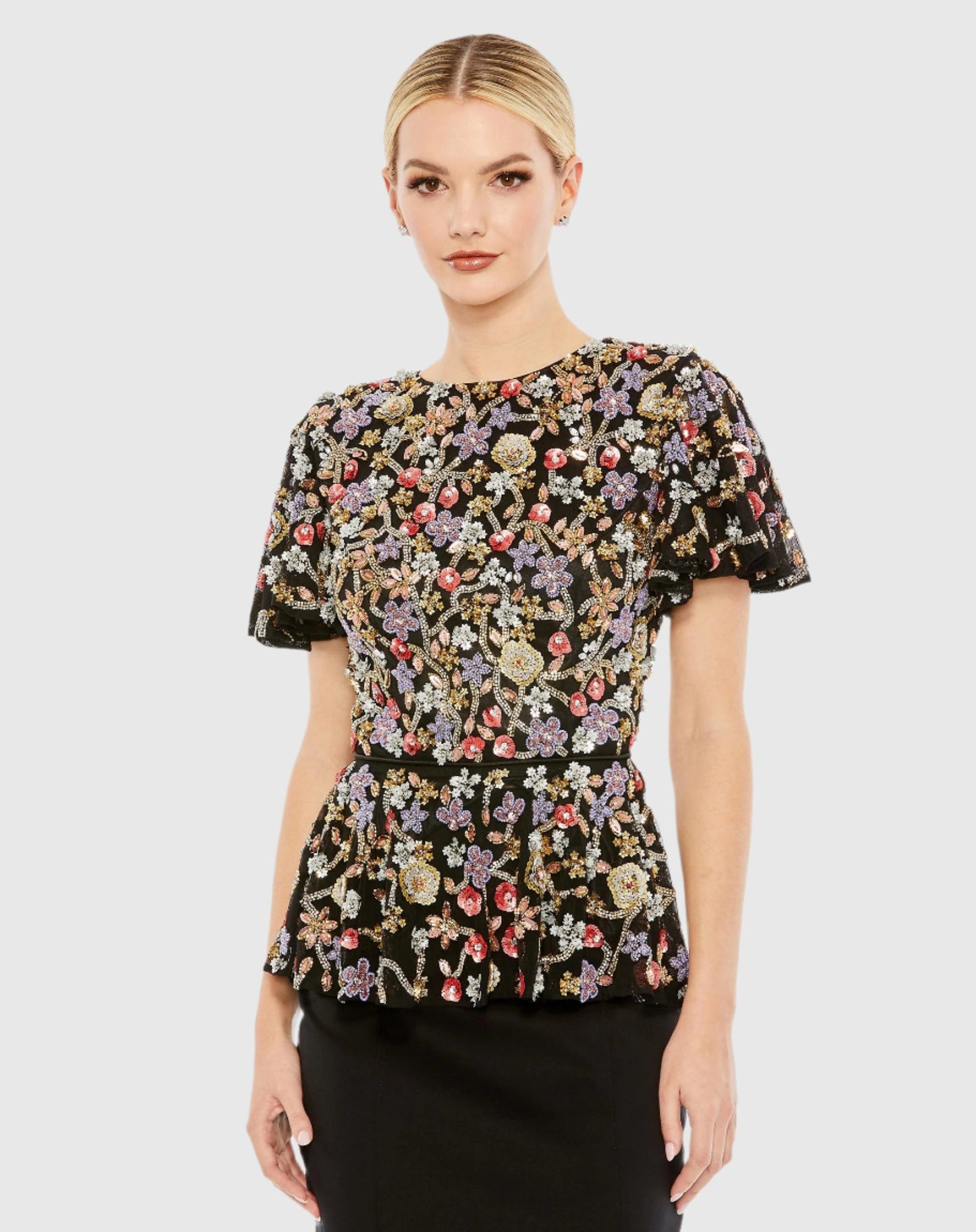 Floral Embellished Butterfly Sleeve Peplum Top