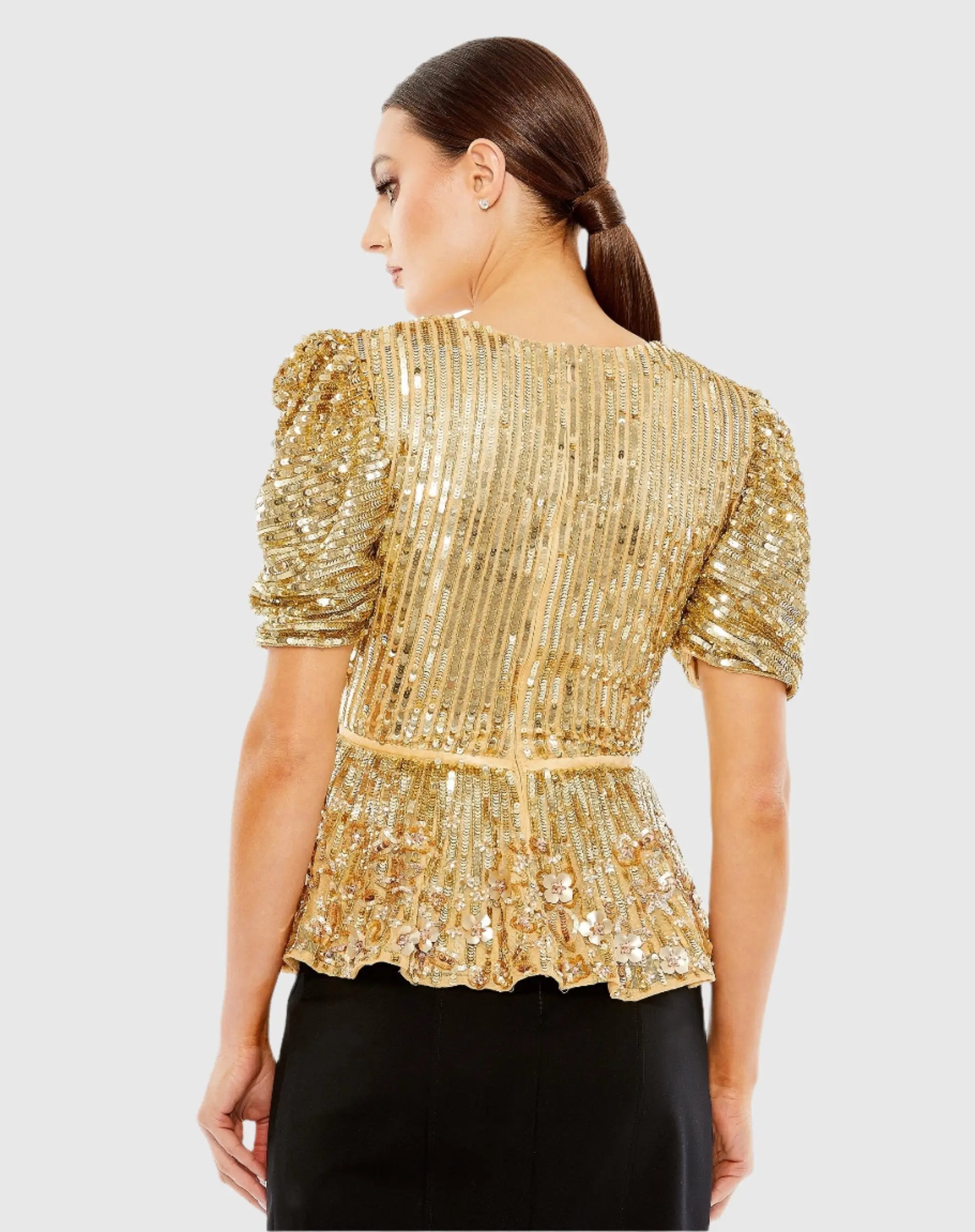 Gold Sequined Puff Sleeve Faux Wrap Top - FINAL SALE - Mac Duggal