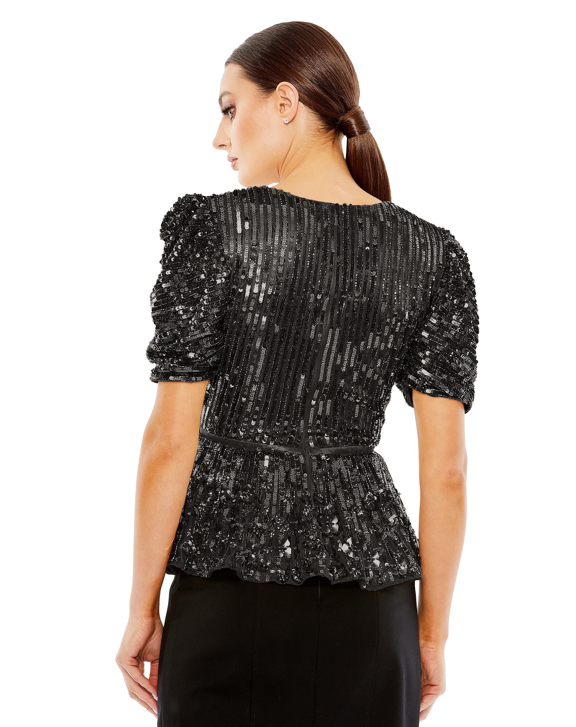 Sequined Puff Sleeve Faux Wrap Top