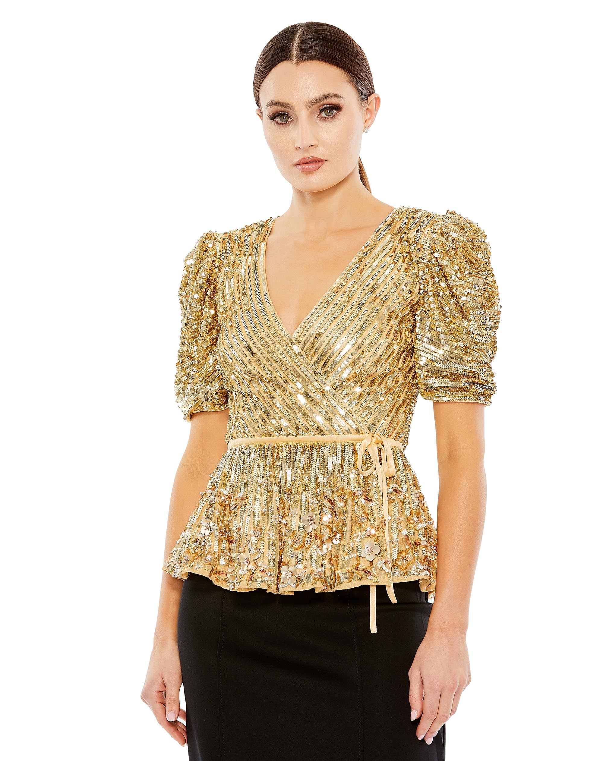 Sequined Puff Sleeve Faux Wrap Top
