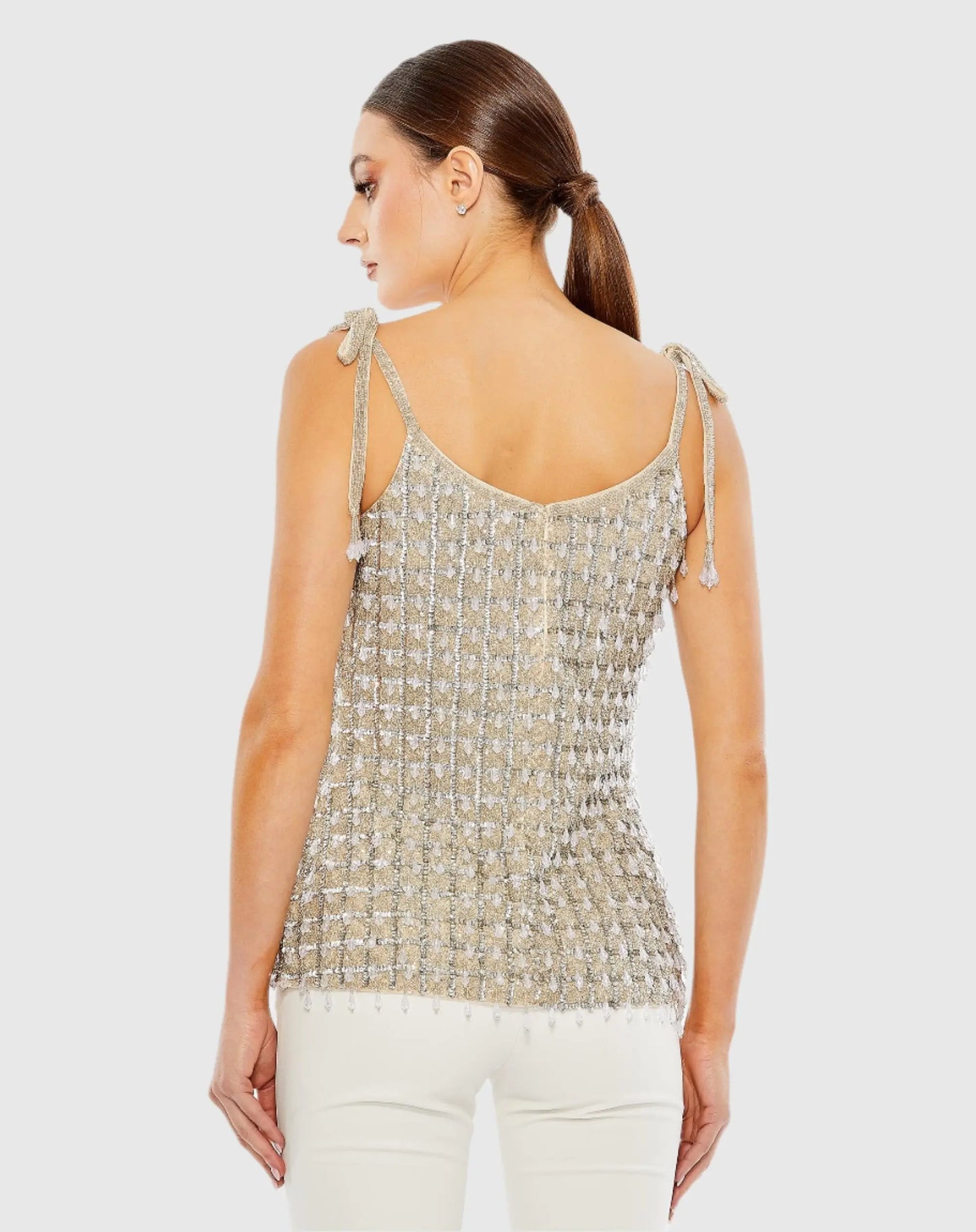 Silver Crystal Embellished Soft Tie Cami Top - FINAL SALE - Mac Duggal