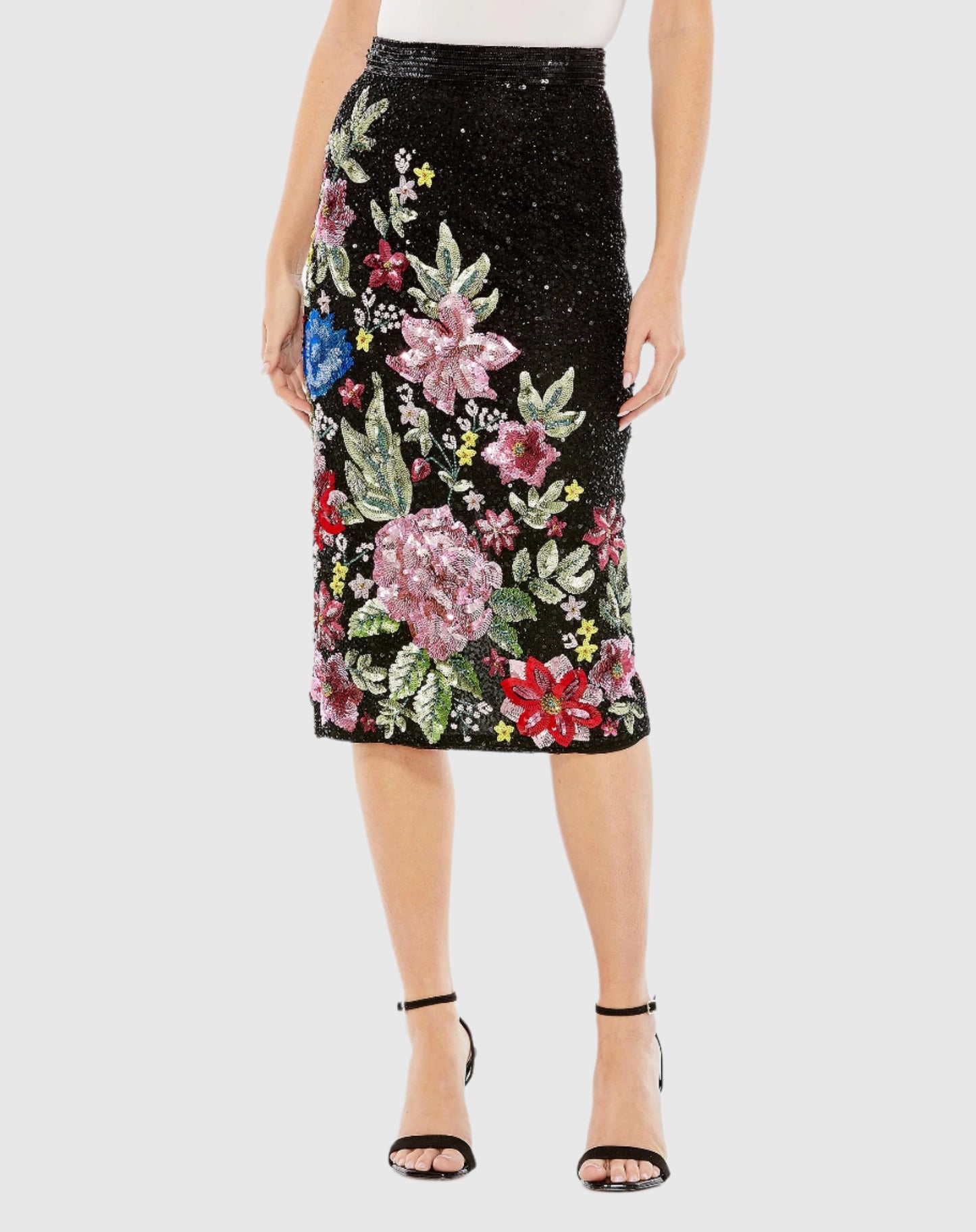 Floral Sequin Embellished Knee Length Column Skirt