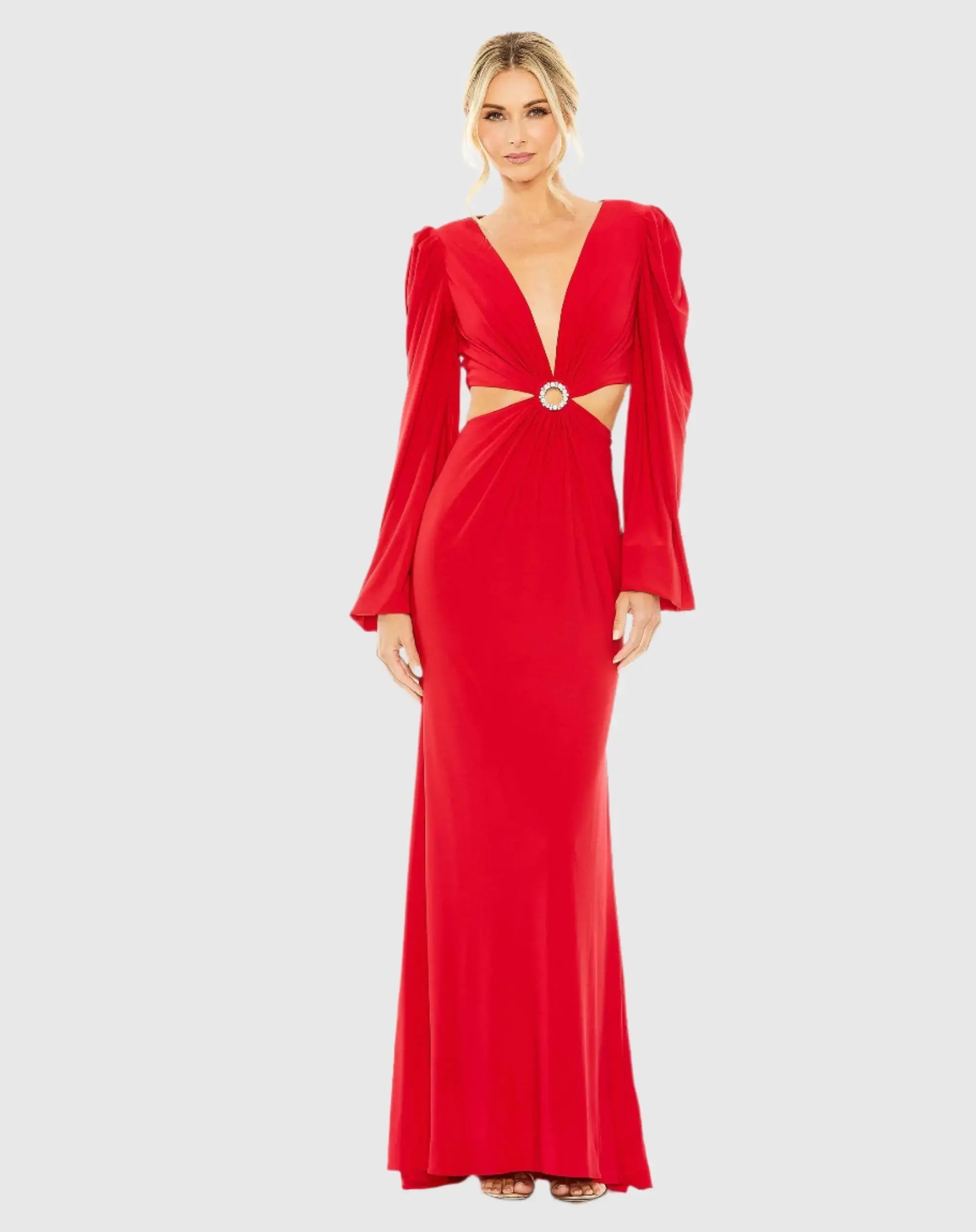Red Jersey Puff Sleeve Cut Out Gown - Mac Duggal