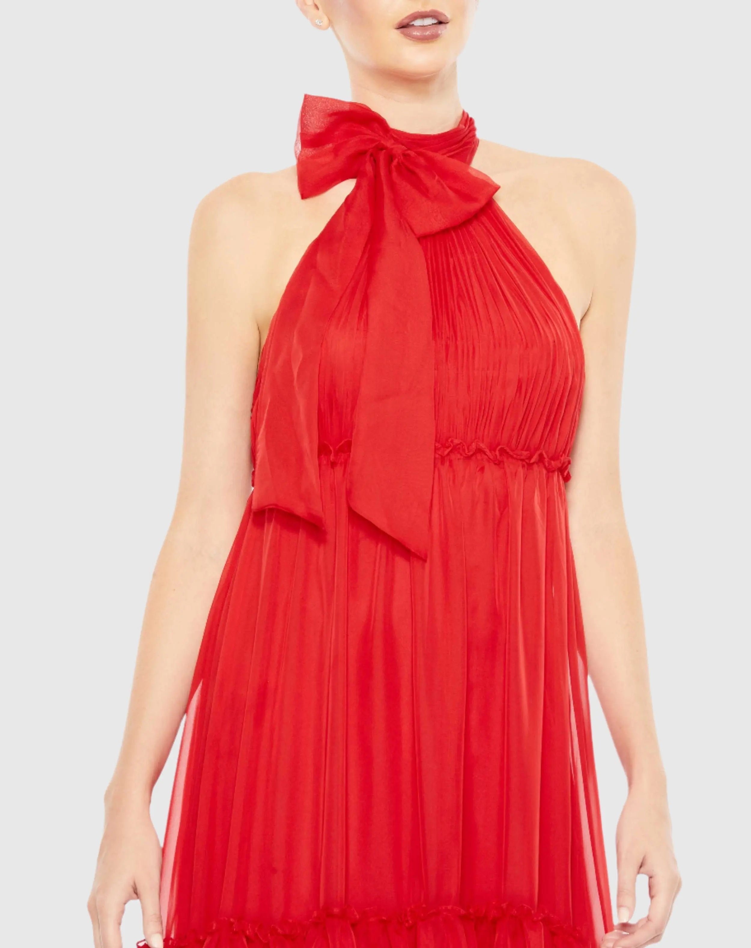 Red Ruched Tiered High Neck Bow A Line Gown - Mac Duggal