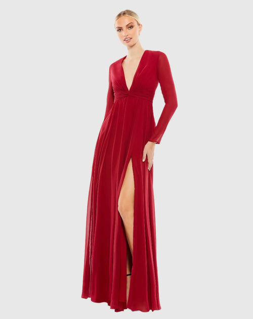 V-Neck Front Twist Long Sleeve Gown