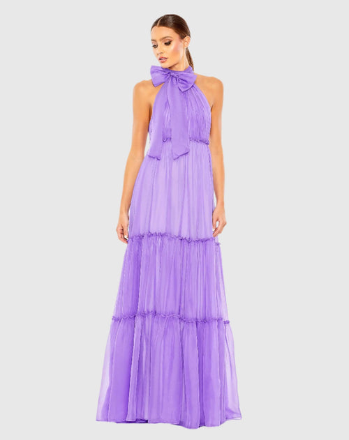 Purple Ruched Tiered High Neck Bow A Line Gown - Mac Duggal