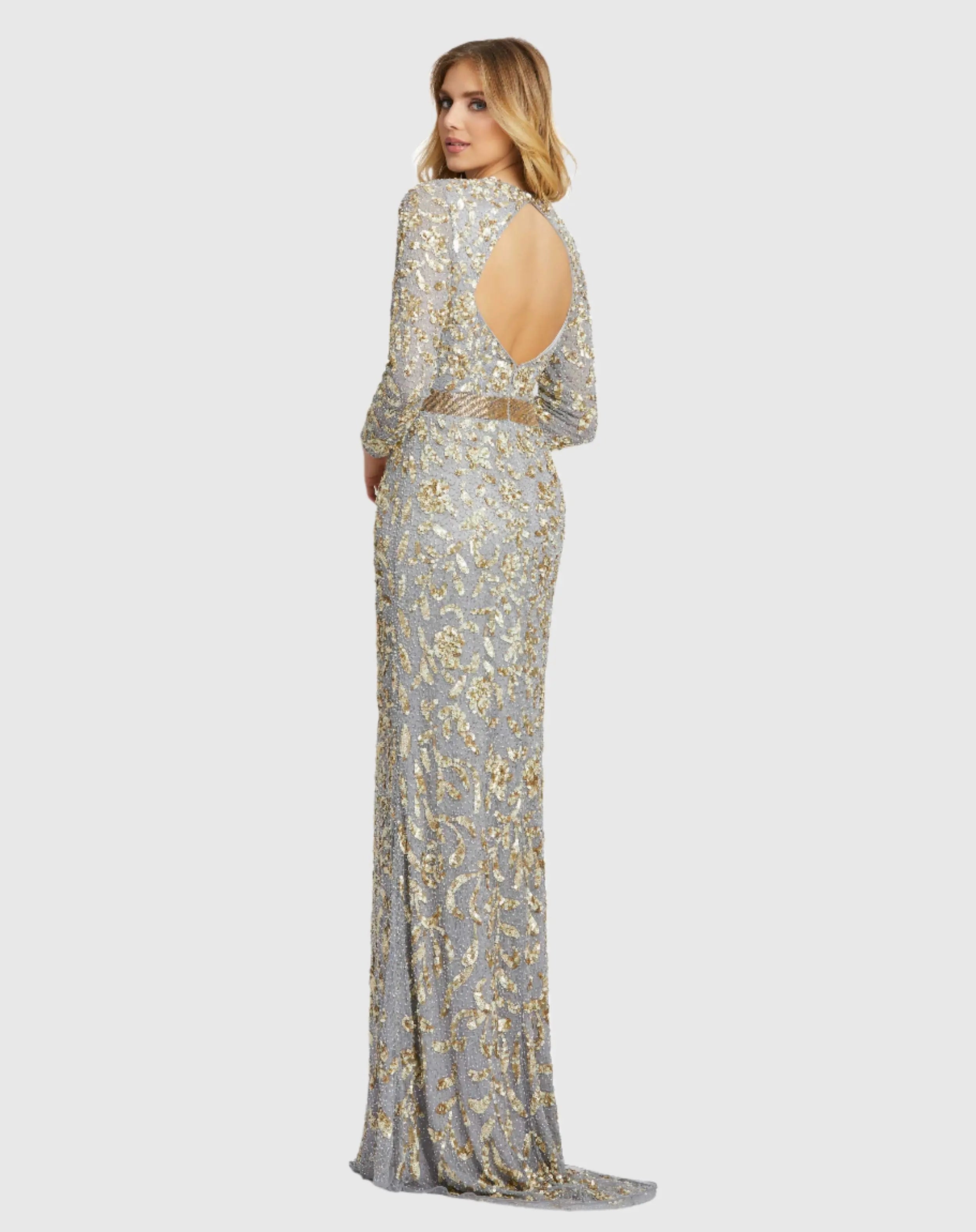 Silver Long Sleeve Embellished Gown - Mac Duggal