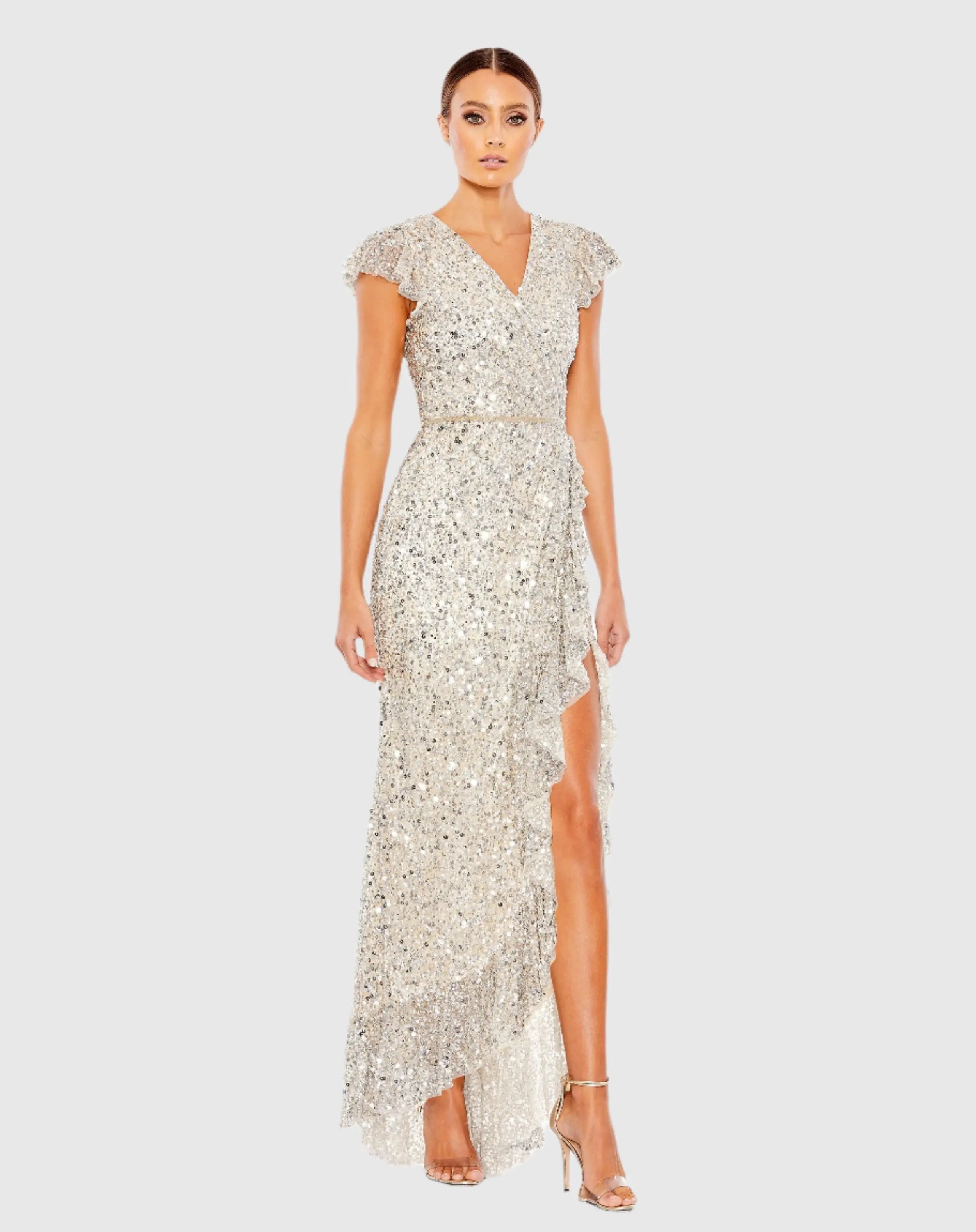 Sequined Faux Wrap Ruffle Cap Sleeve Gown - Mac Duggal