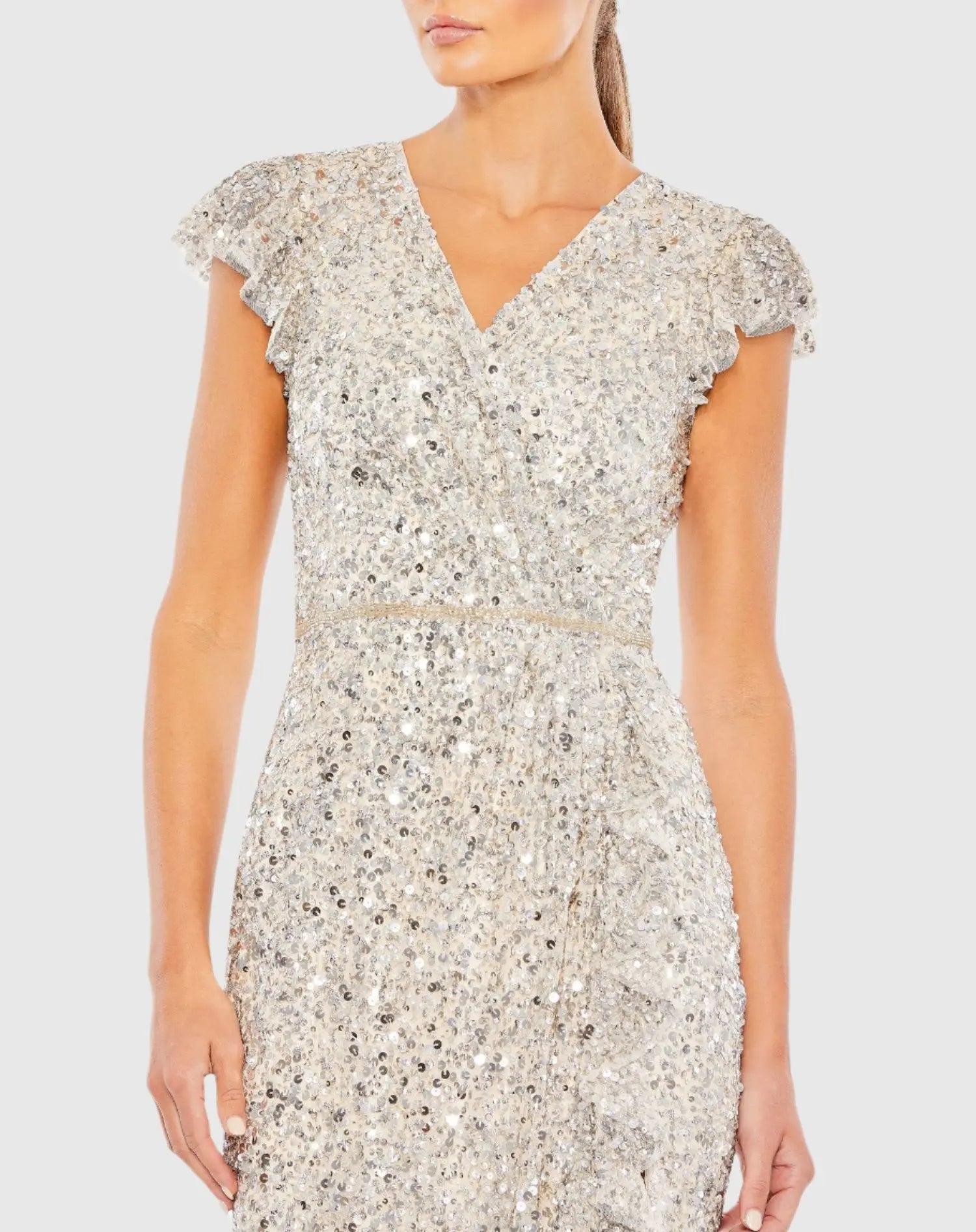 Sequined Faux Wrap Ruffle Cap Sleeve Gown - Mac Duggal
