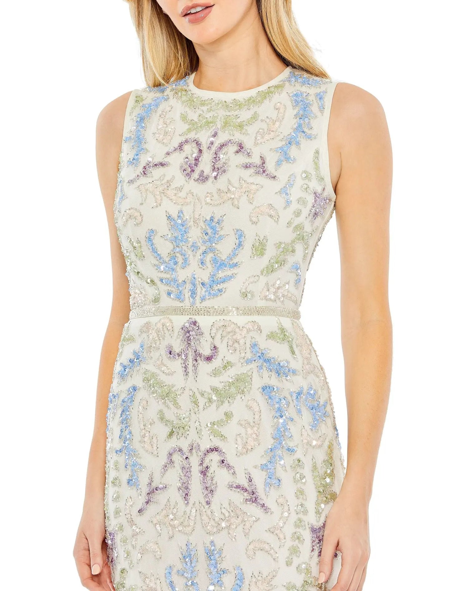 Sleeveless Sequined High Neck Tea Length Dress - Mac Duggal