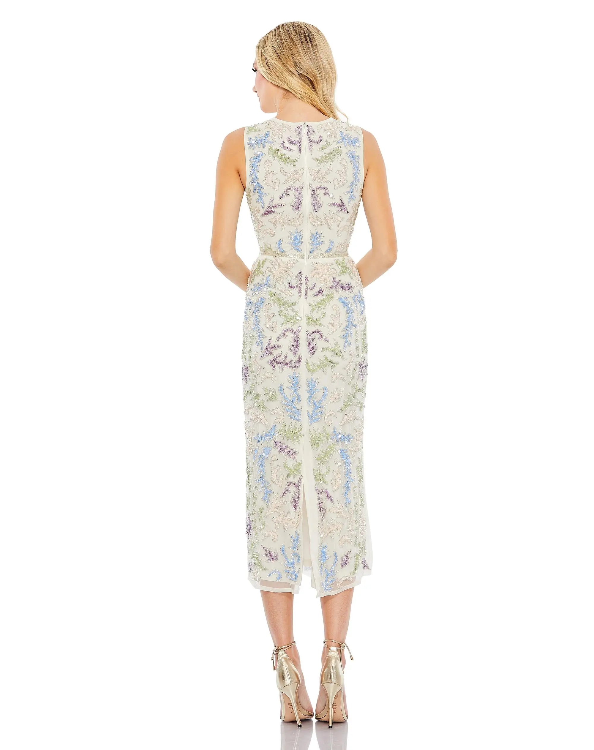 Sleeveless Sequined High Neck Tea Length Dress - Mac Duggal