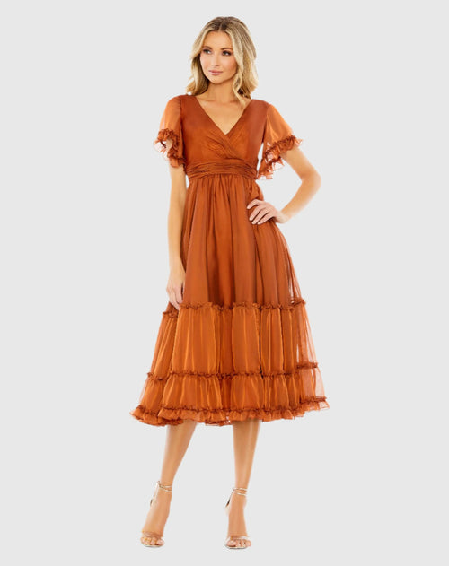 Tea Length Ruffled Dress w/ Sheer Flutter Sleeves