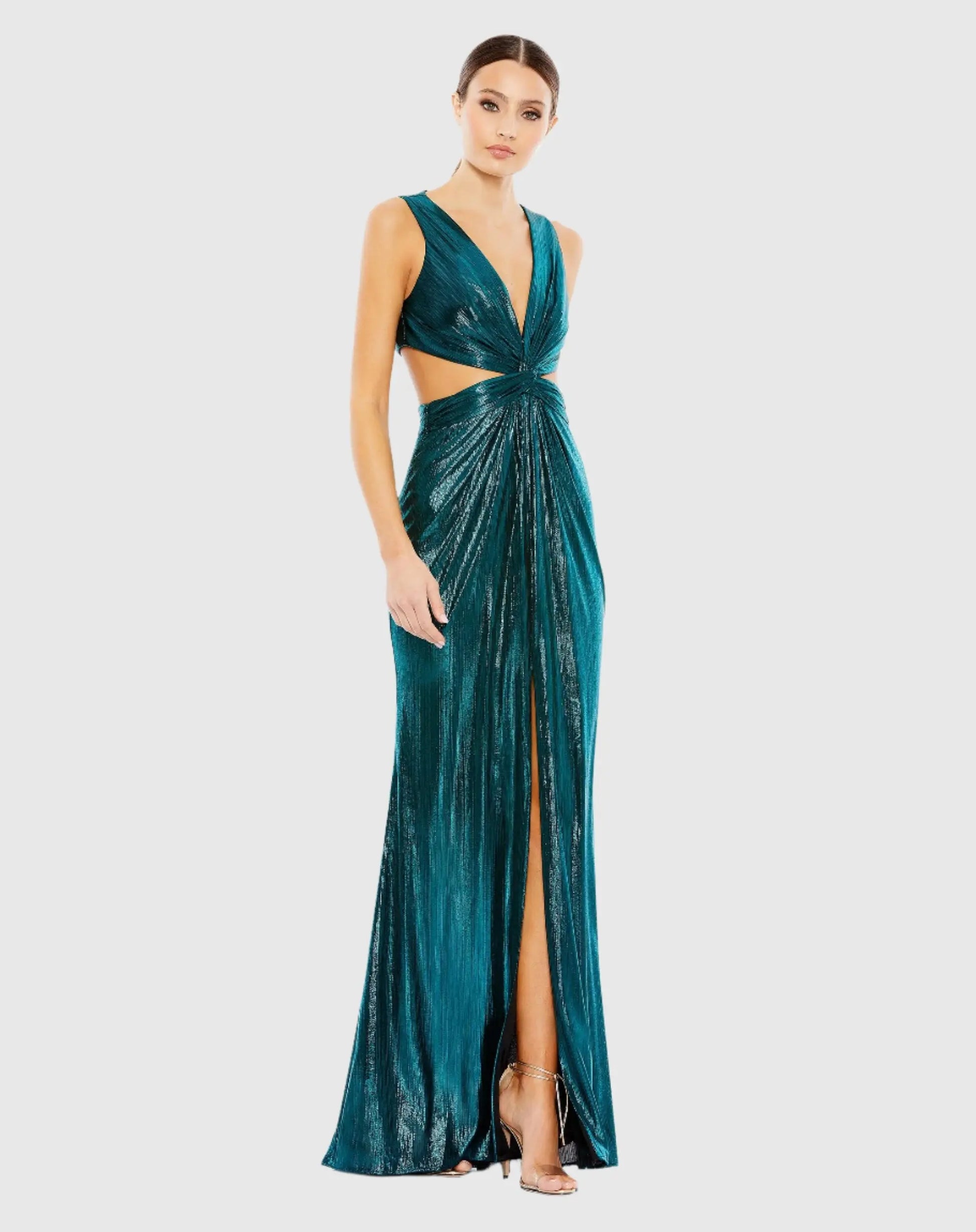 Teal Metallic Lame Cut Out Mermaid Gown - Mac Duggal Teal Metallic Lame Cut Out Mermaid Gown - Mac Duggal
