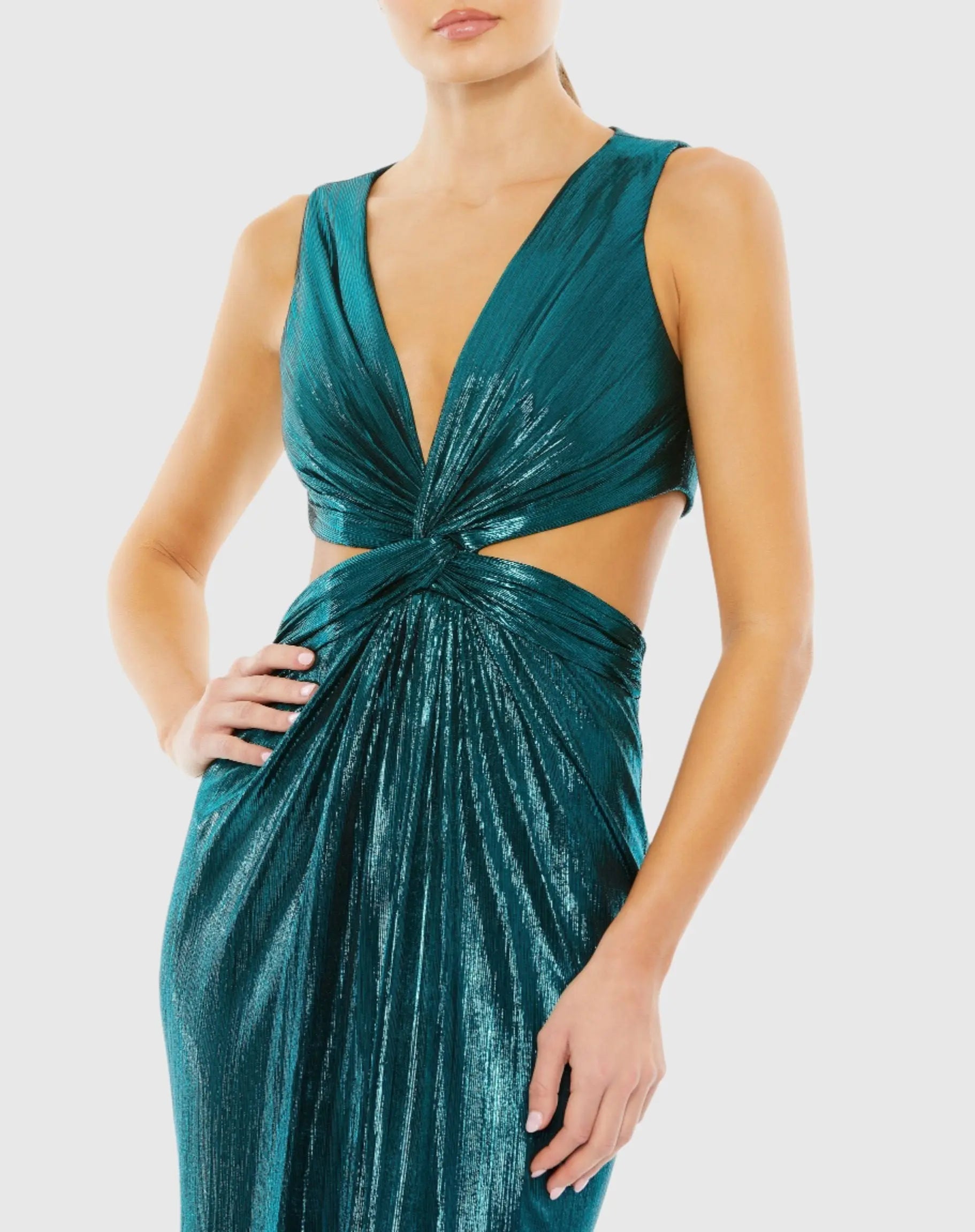 Teal Metallic Lame Cut Out Mermaid Gown - Mac Duggal Teal Metallic Lame Cut Out Mermaid Gown - Mac Duggal