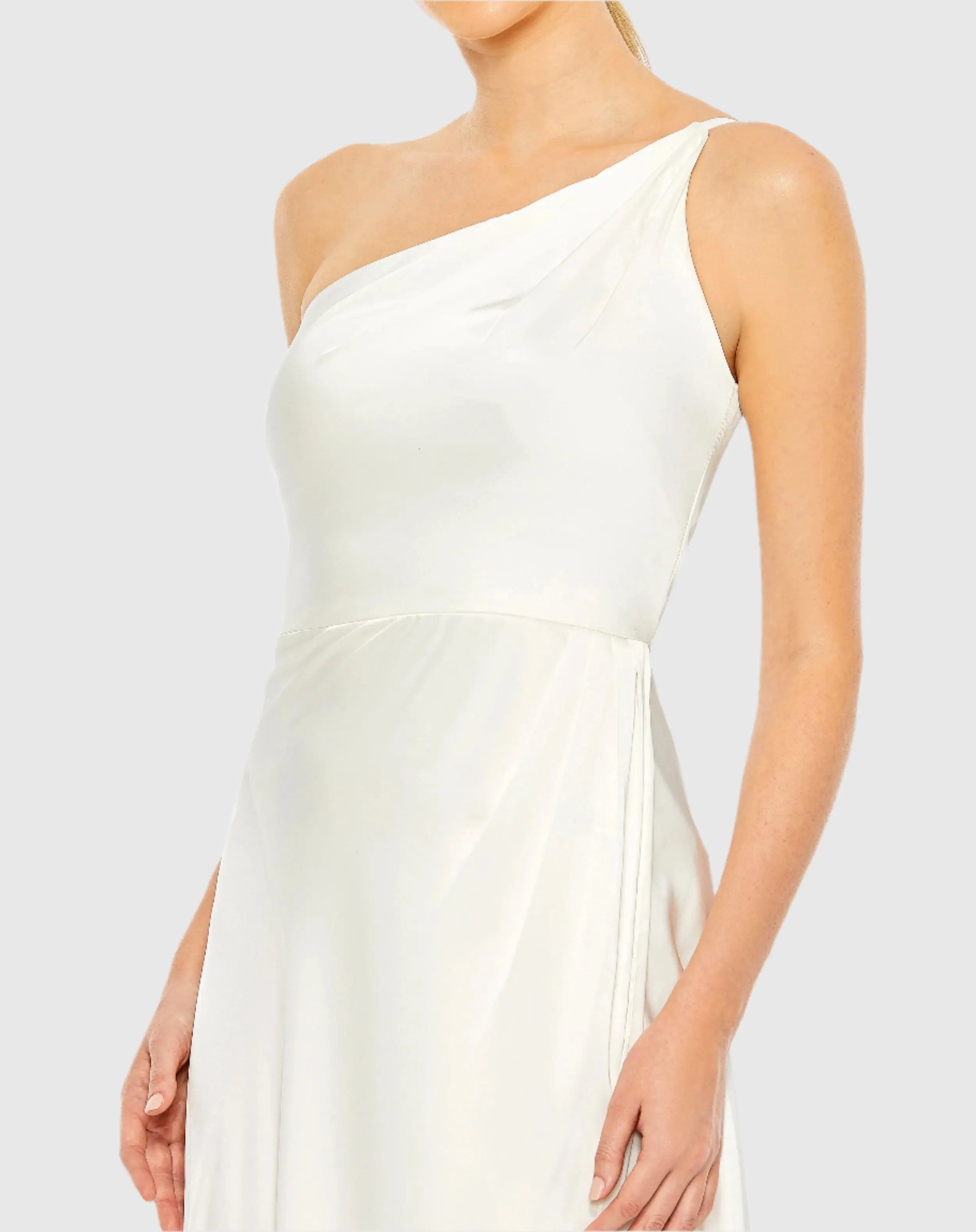 White One Shoulder Hi-Low Draped Charmeuse Dress - FINAL SALE - Mac Duggal