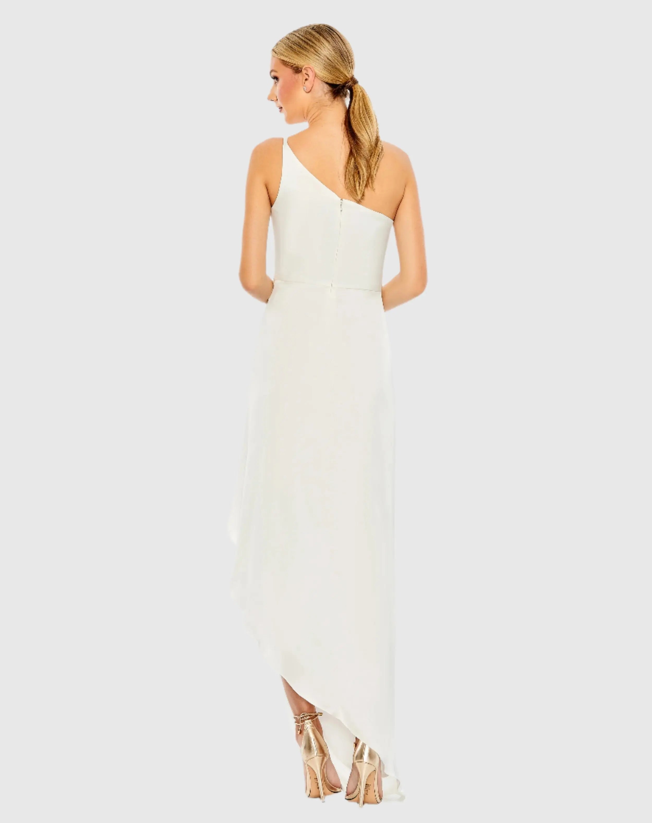 White One Shoulder Hi-Low Draped Charmeuse Dress - FINAL SALE - Mac Duggal