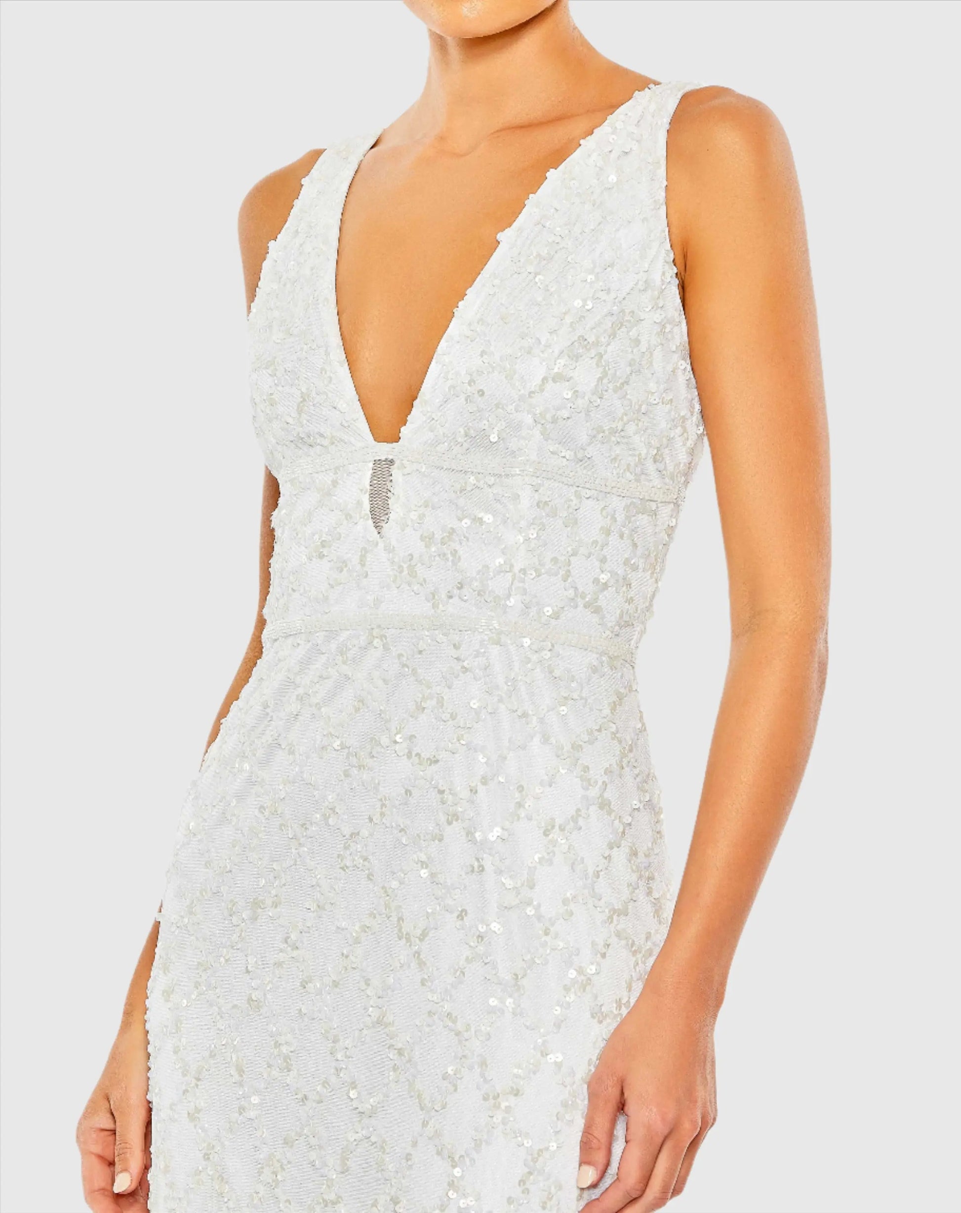 White Sequined Plunge Neck Sleeveless Column Gown - Mac Duggal