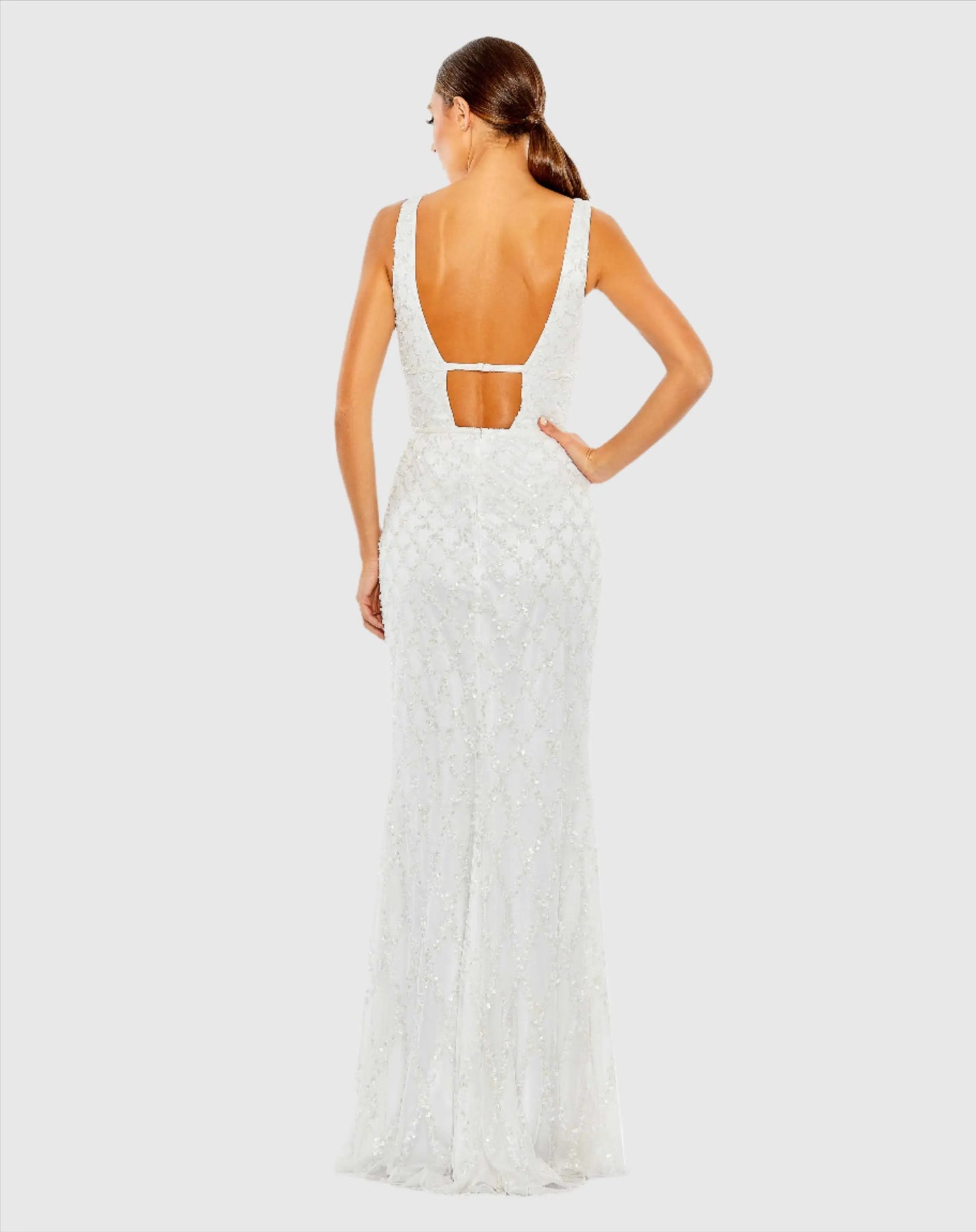 White Sequined Plunge Neck Sleeveless Column Gown - Mac Duggal