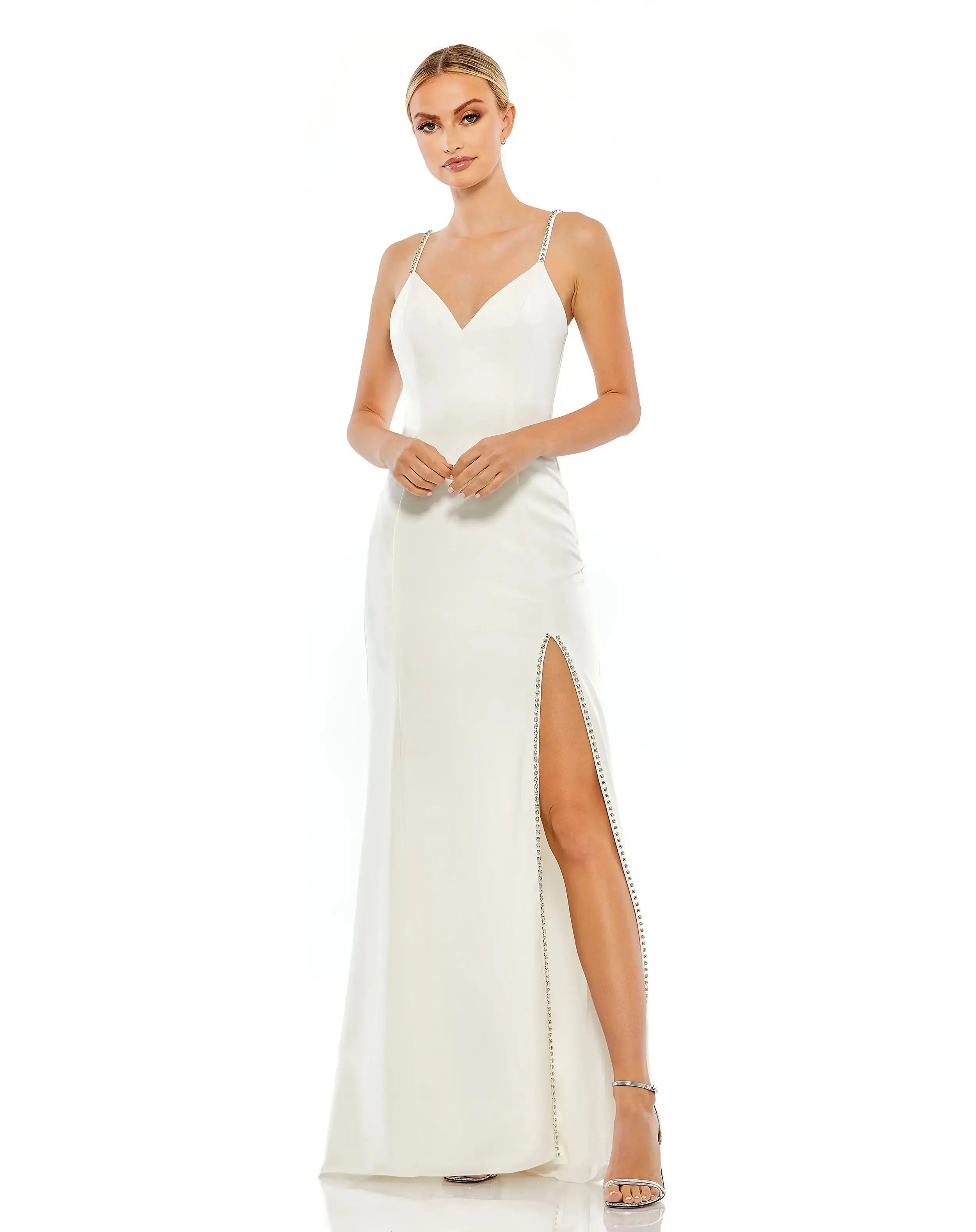 White Sweetheart Evening Gown w/ Rhinestone Accents - Mac Duggal