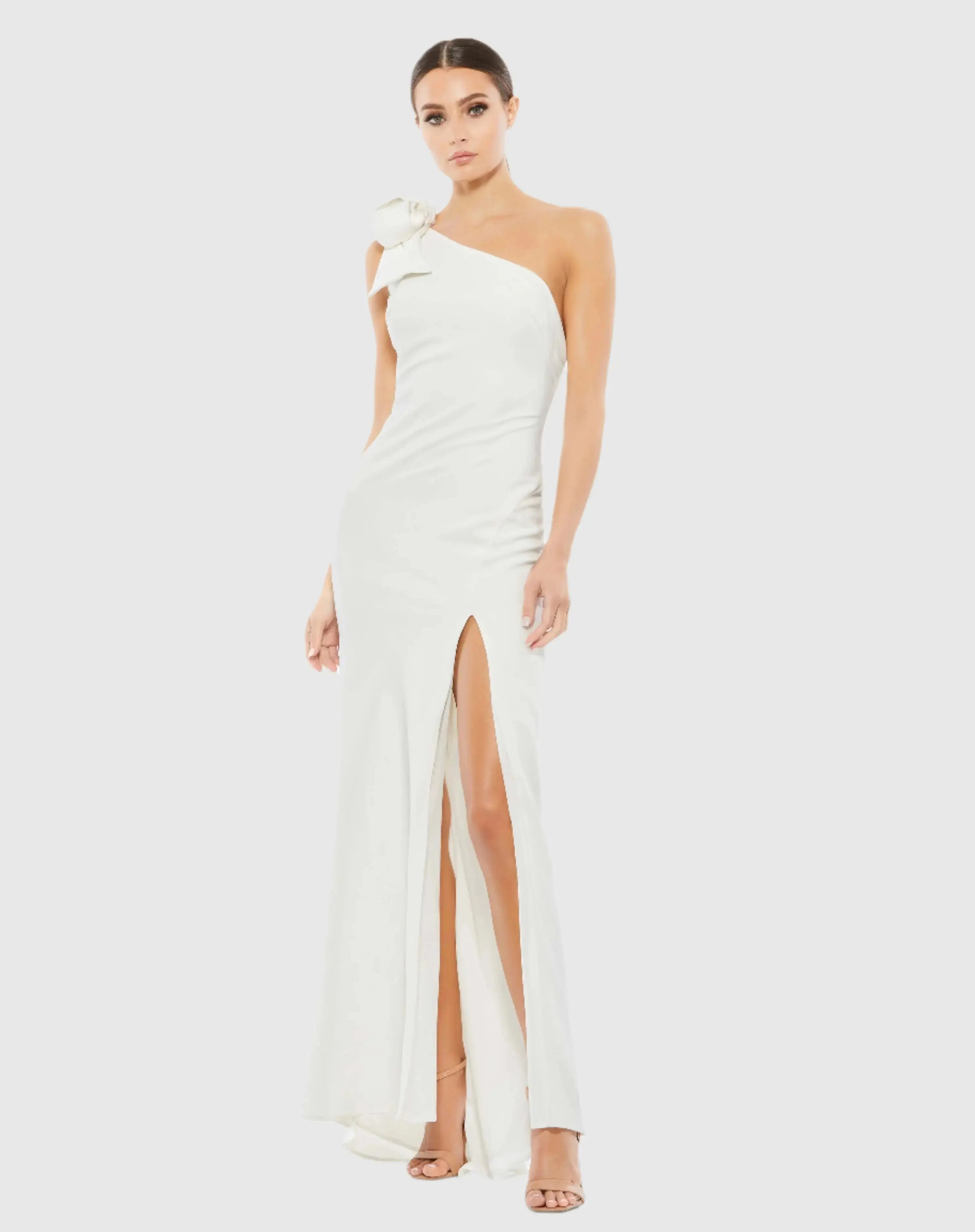 White Crepe One Shoulder Bow Gown Ieena for Mac Duggal