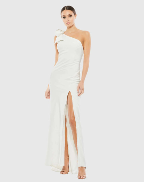 White Crepe One Shoulder Bow Gown Ieena for Mac Duggal