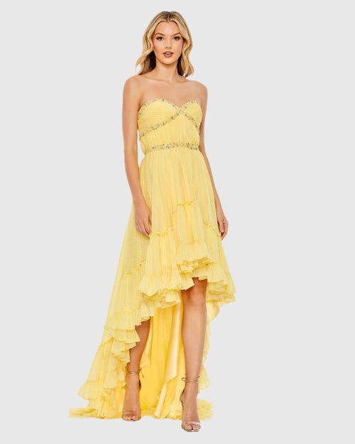 Yellow Beaded Ruffle High Low Gown - Mac Duggal