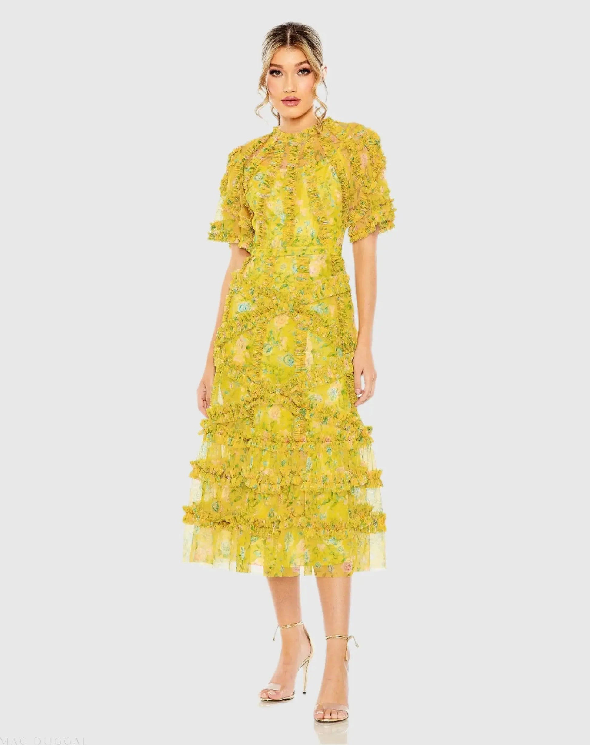 mac duggal floral flutter sleeve mesh print dress Mac Duggal Women's Floral Flutter Sleeve Mesh Print Dress