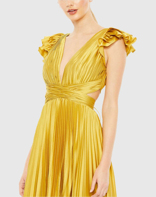 Yellow Pleated Ruffled Cap Sleeve Cut Out Lace Up Gown - FINAL SALE - Mac Duggal