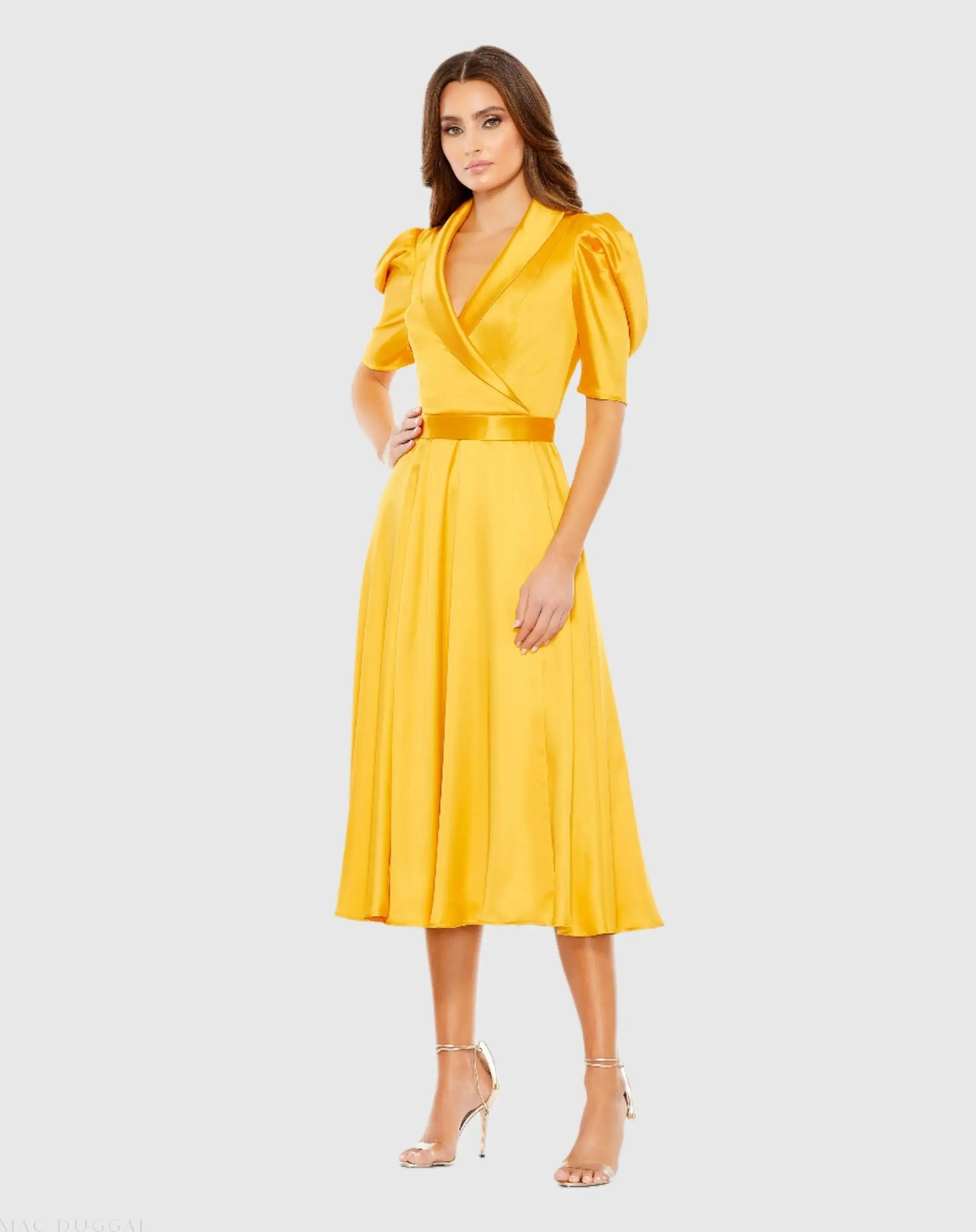 Yellow Satin Lapel Puff Sleeve Tea Length Dress - Mac Duggal